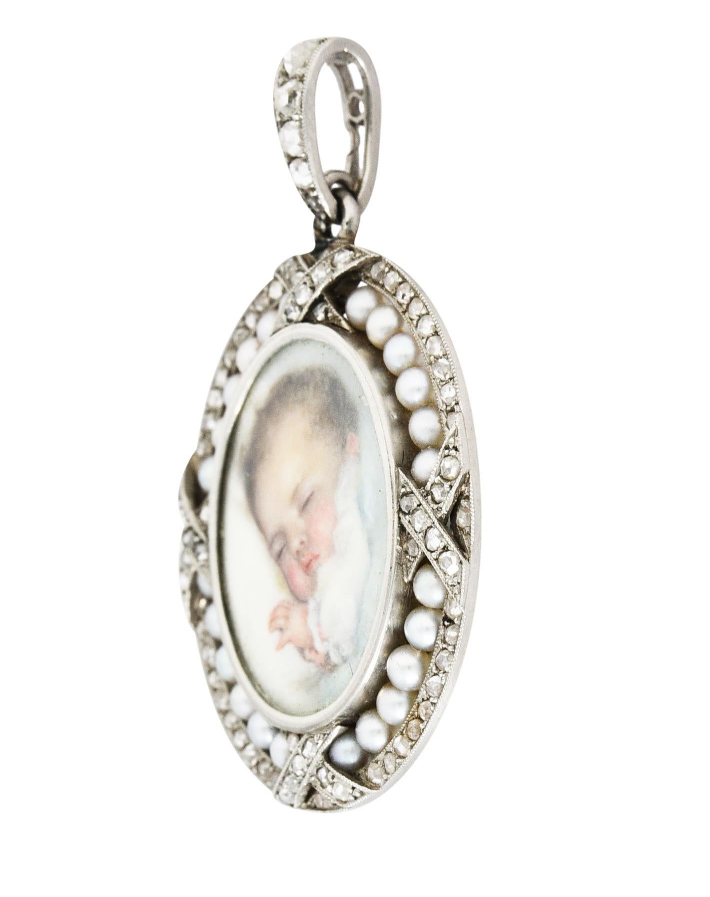 French Art Deco Pearl Rose Cut Diamond Platinum Baby Antique Portrait Pendant In Excellent Condition In Philadelphia, PA