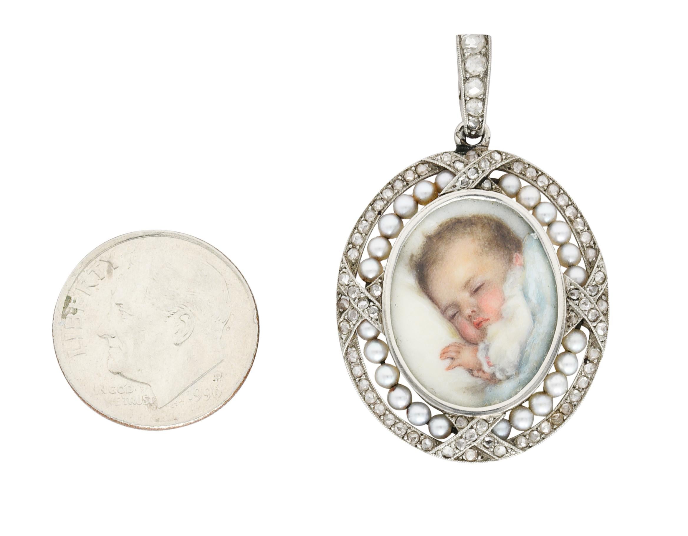 Women's or Men's French Art Deco Pearl Rose Cut Diamond Platinum Baby Antique Portrait Pendant