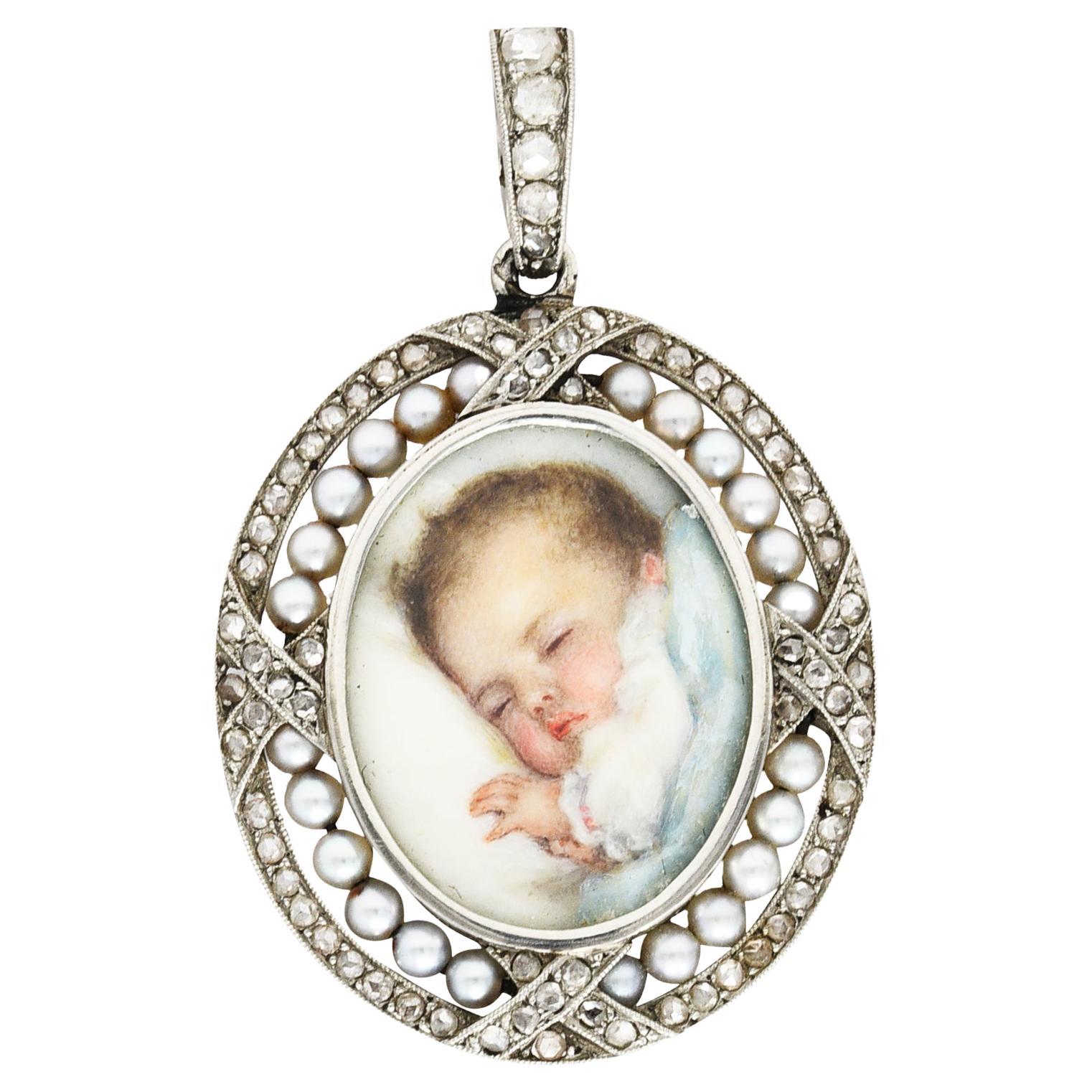 French Art Deco Pearl Rose Cut Diamond Platinum Baby Antique Portrait Pendant