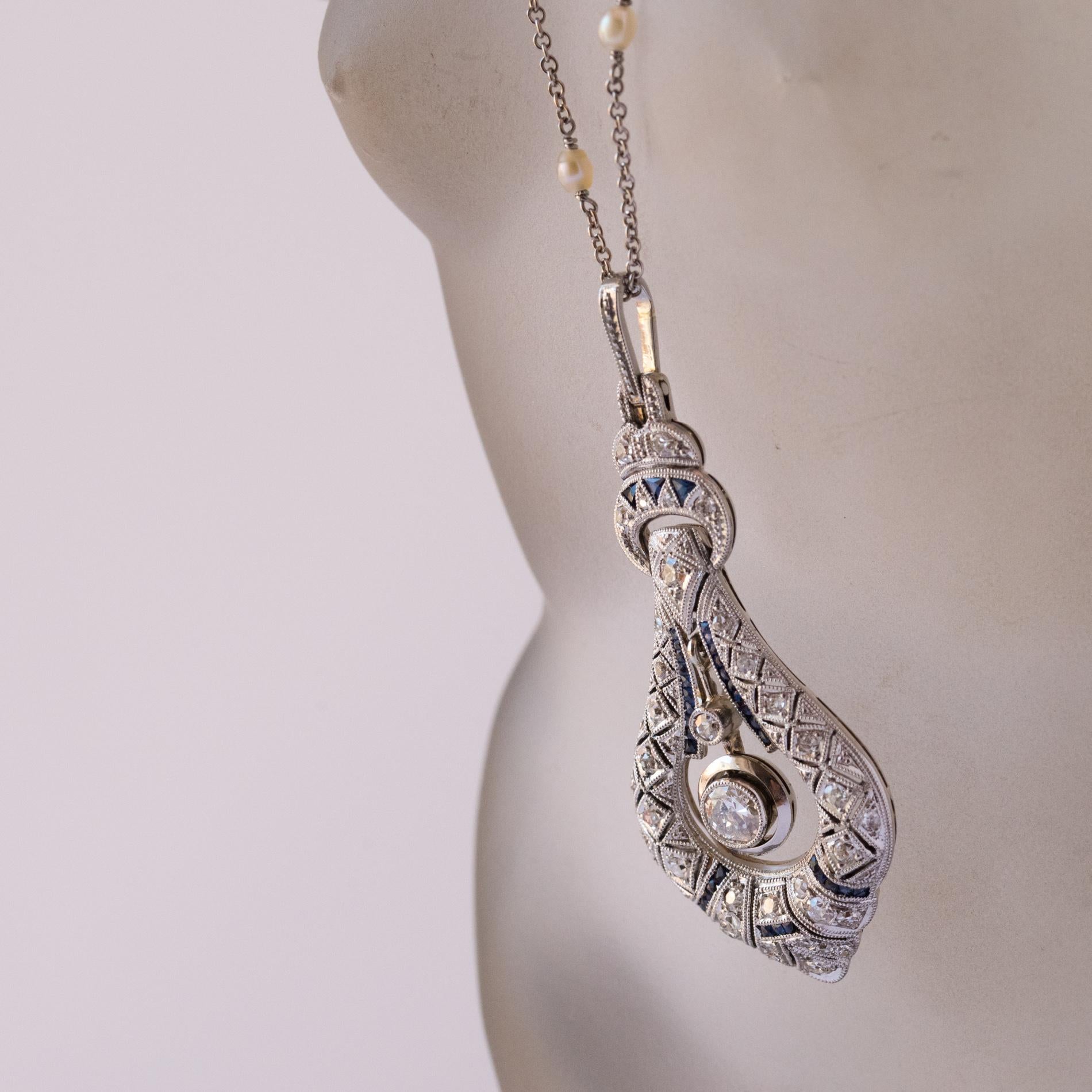 Women's French Art Deco Pearl Sapphire Diamond Platinum Pendant