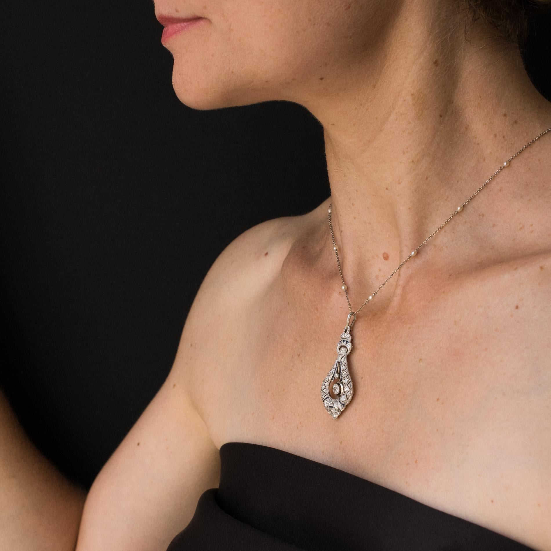 French Art Deco Pearl Sapphire Diamond Platinum Pendant 1