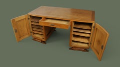 French Art Deco Pedestal Desk, Oak with Brass Hardware, 1930s