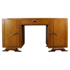Scrivania Art Déco francese con piedistallo, in Oak con finiture in ottone, anni ’30