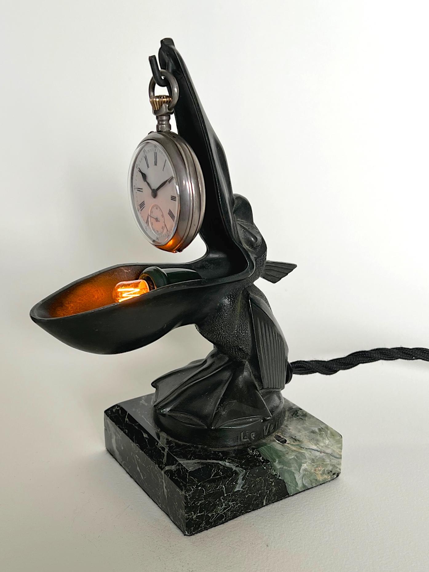 Art Deco French Art Déco 'Pélican' Night Light / Pocket Watch Holder by  Max Le Verrier  For Sale