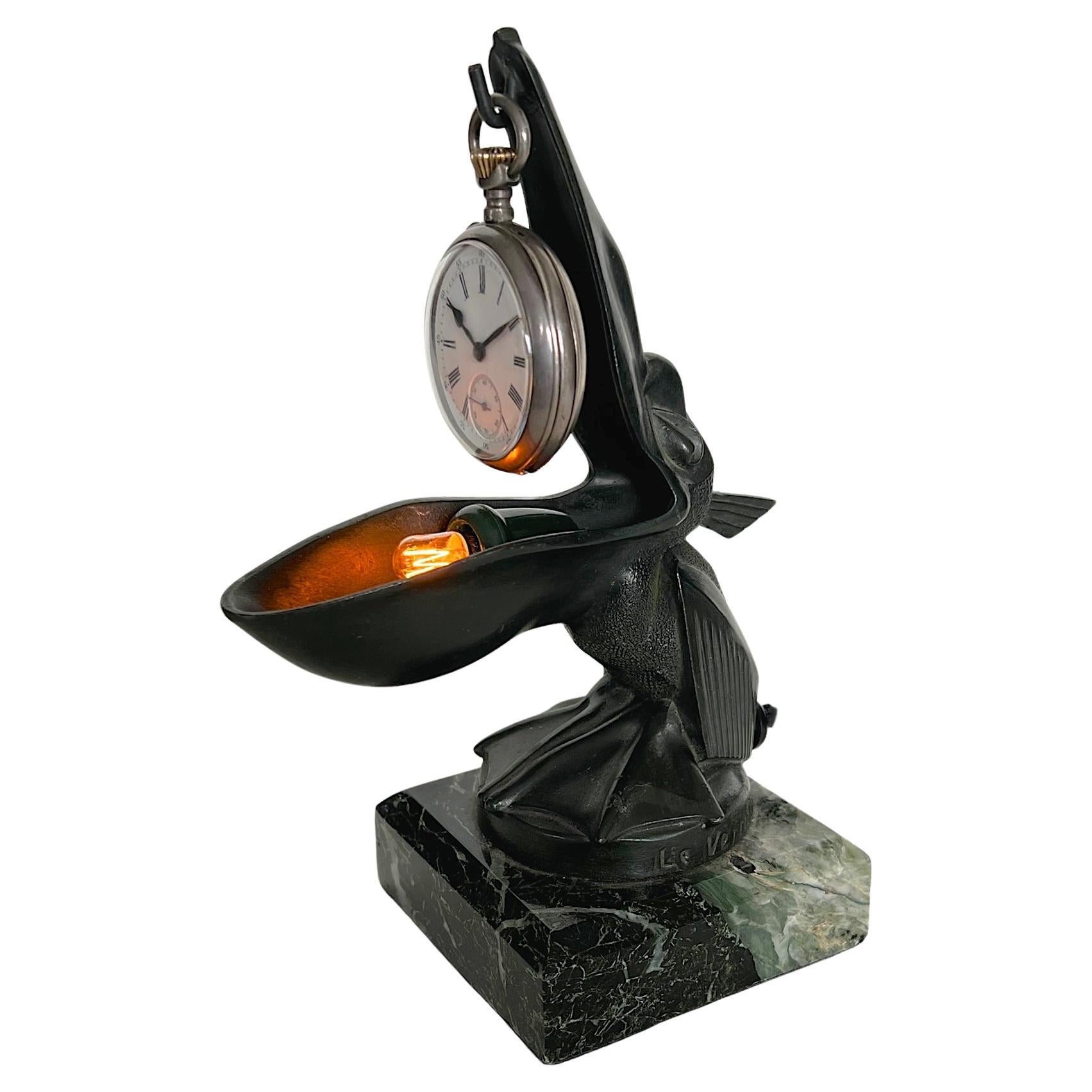 French Art Déco 'Pélican' Night Light / Pocket Watch Holder by  Max Le Verrier  For Sale