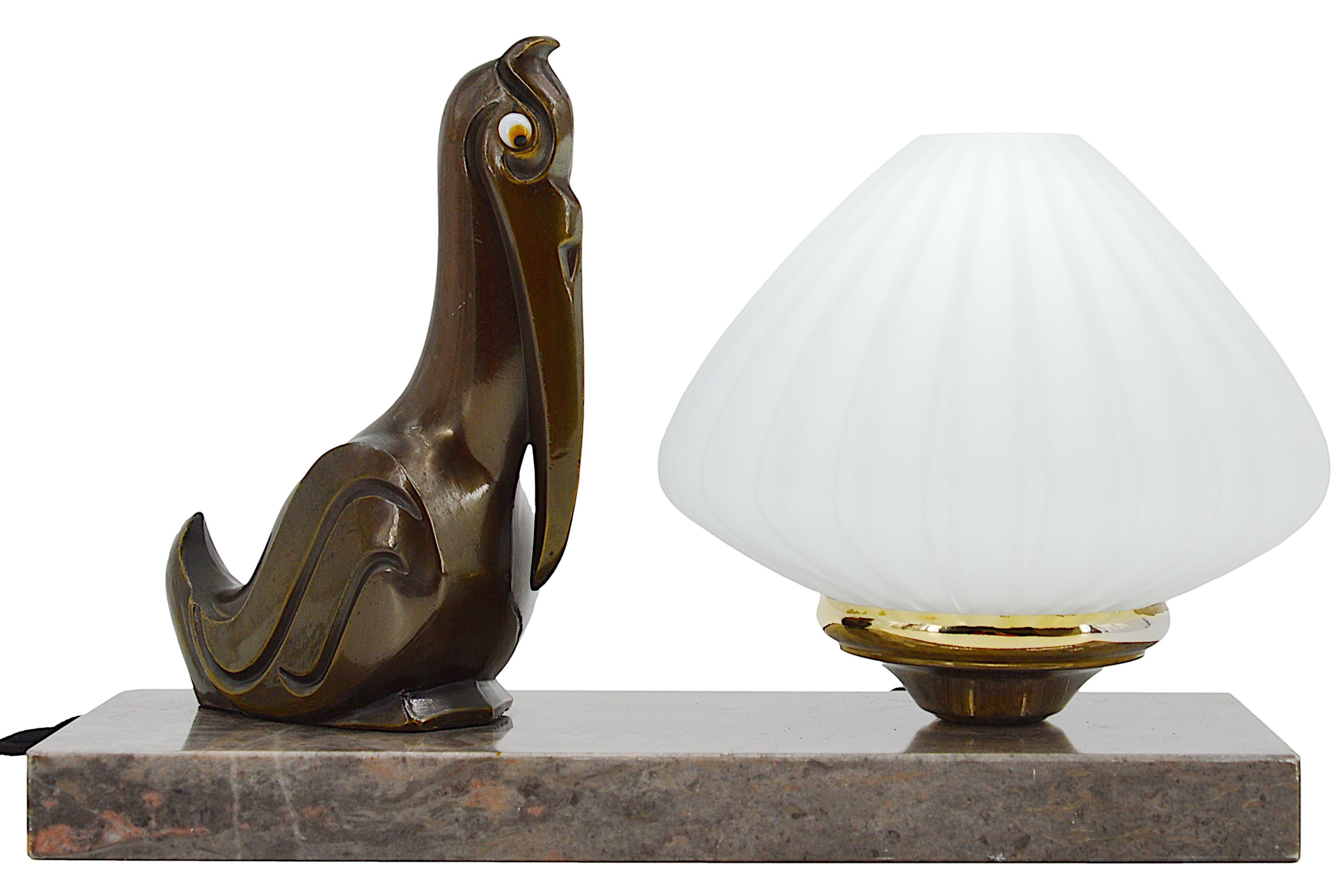Glass French Art Deco Pelican Table Lamp Night-Light, 1930s For Sale