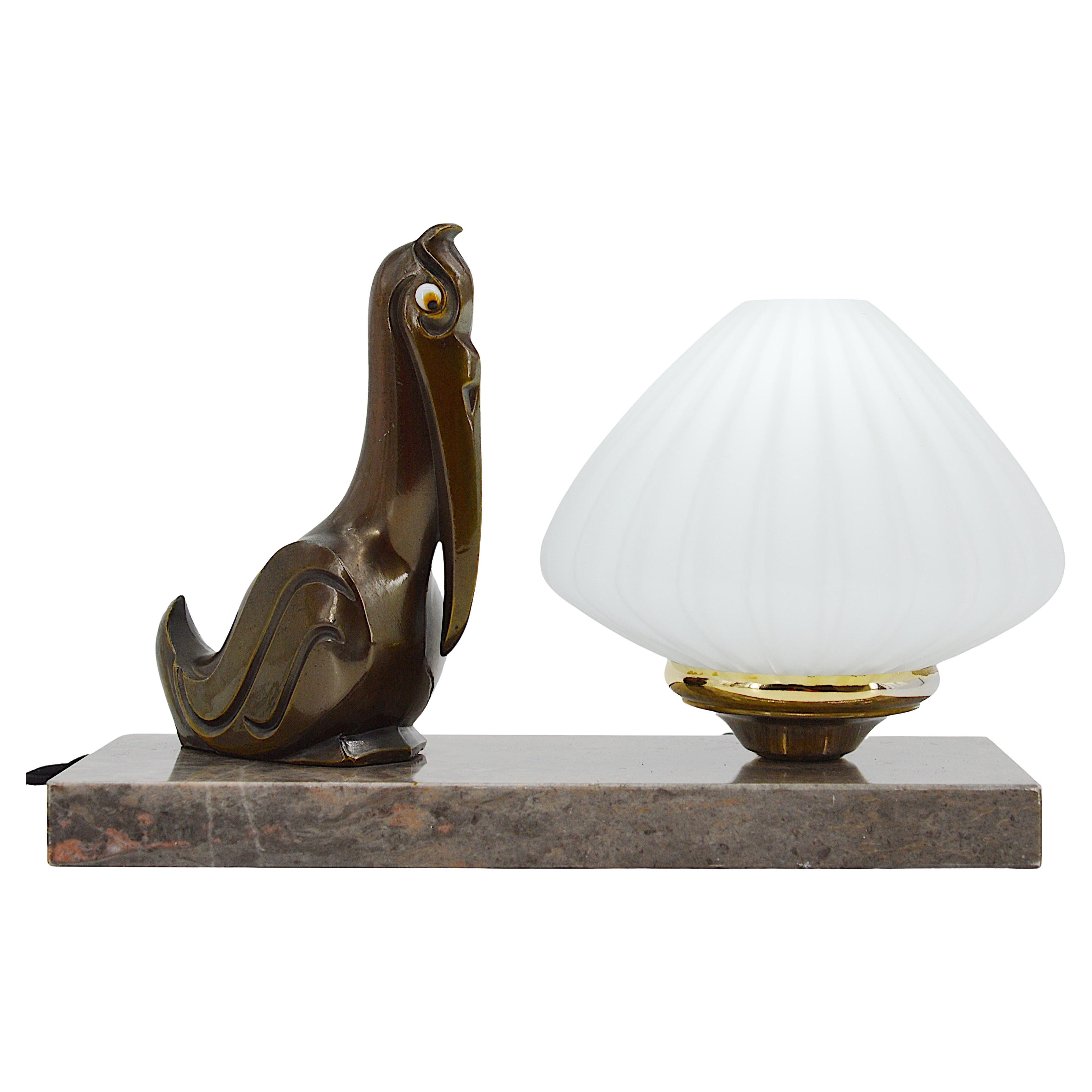 French Art Deco Pelican Table Lamp Night-Light, 1930s