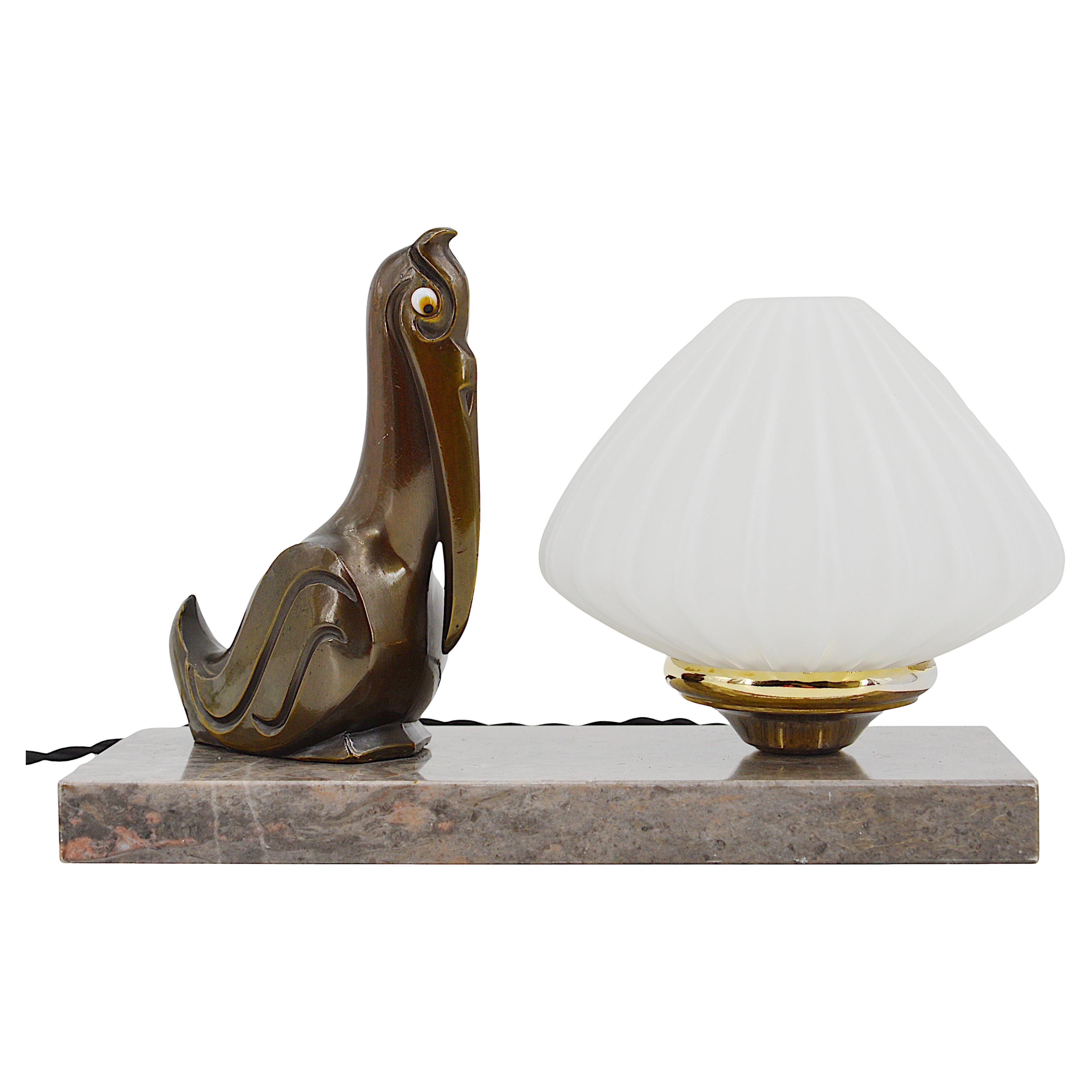 French Art Deco Pelican Table Lamp Night-Light, 1920