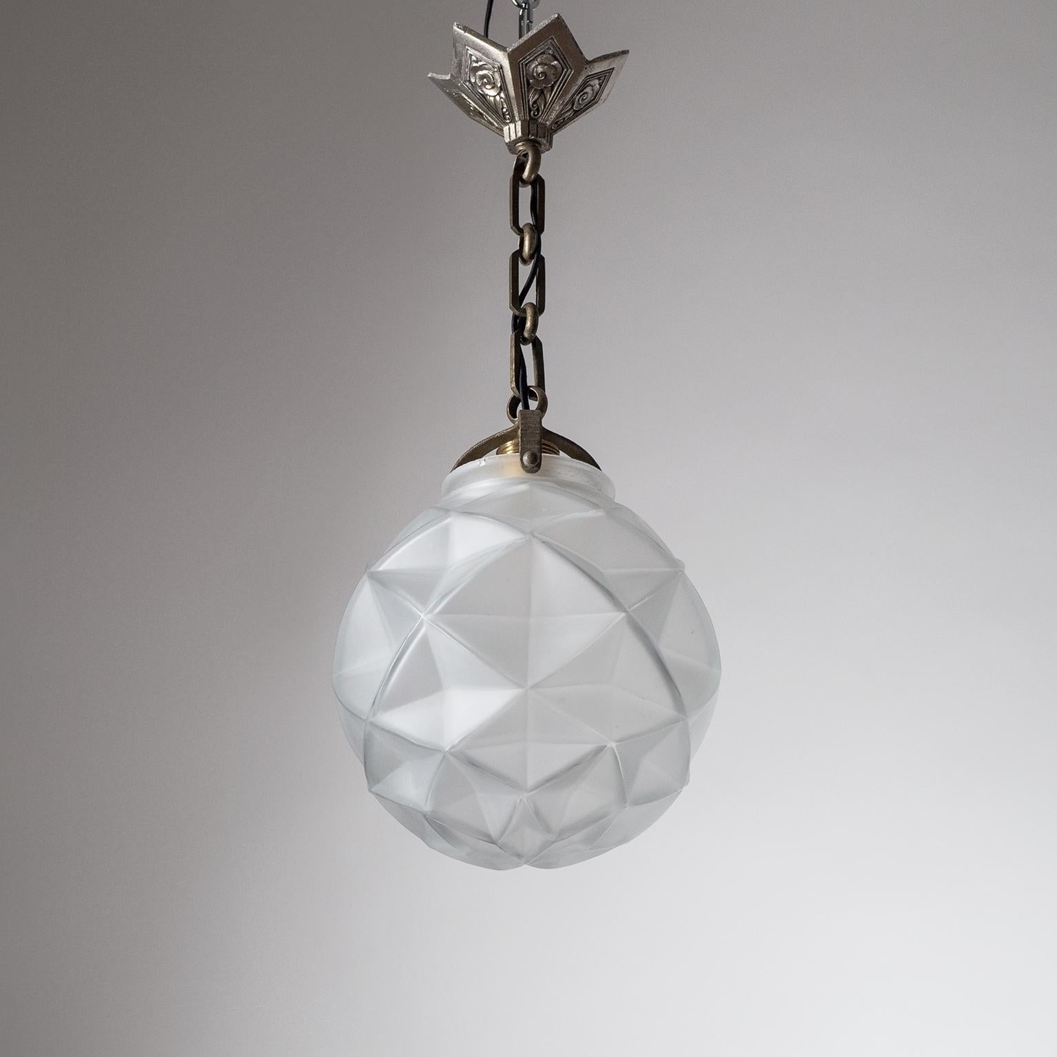 French Art Deco Pendant, 1930s, Satin Glass and Nickel 6