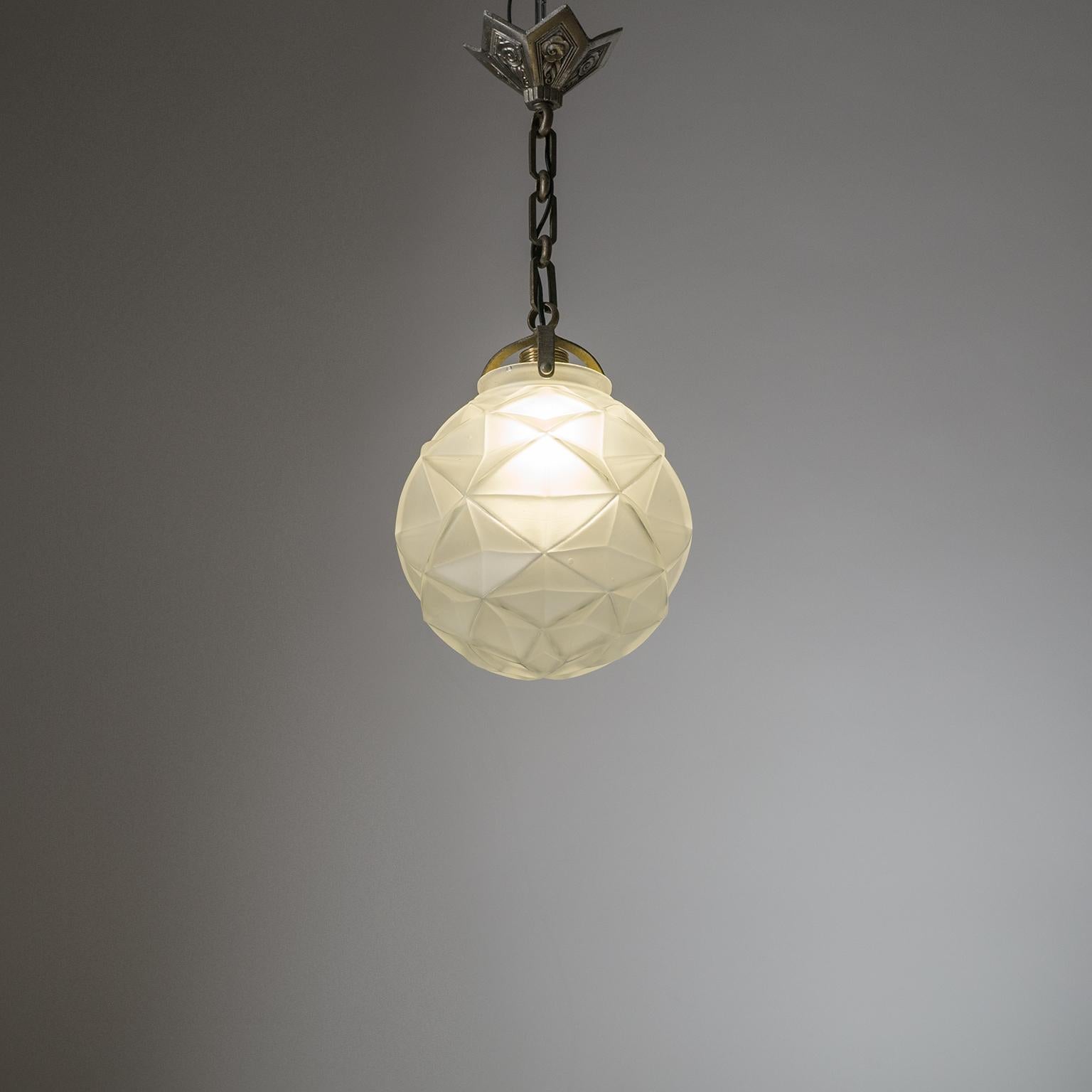 French Art Deco Pendant, 1930s, Satin Glass and Nickel 7