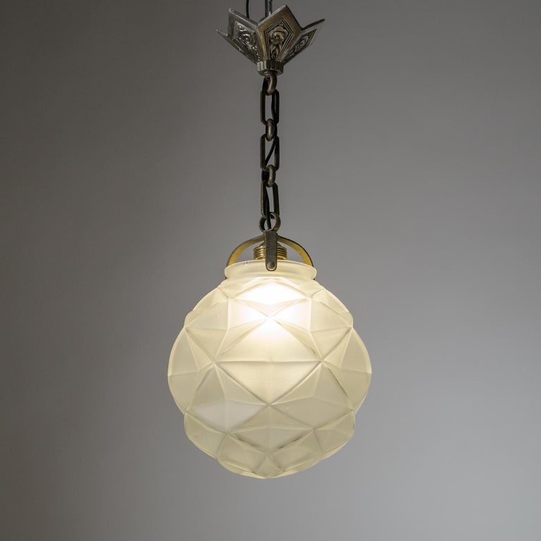 Frosted French Art Deco Pendant, 1930s, Satin Glass and Nickel For Sale