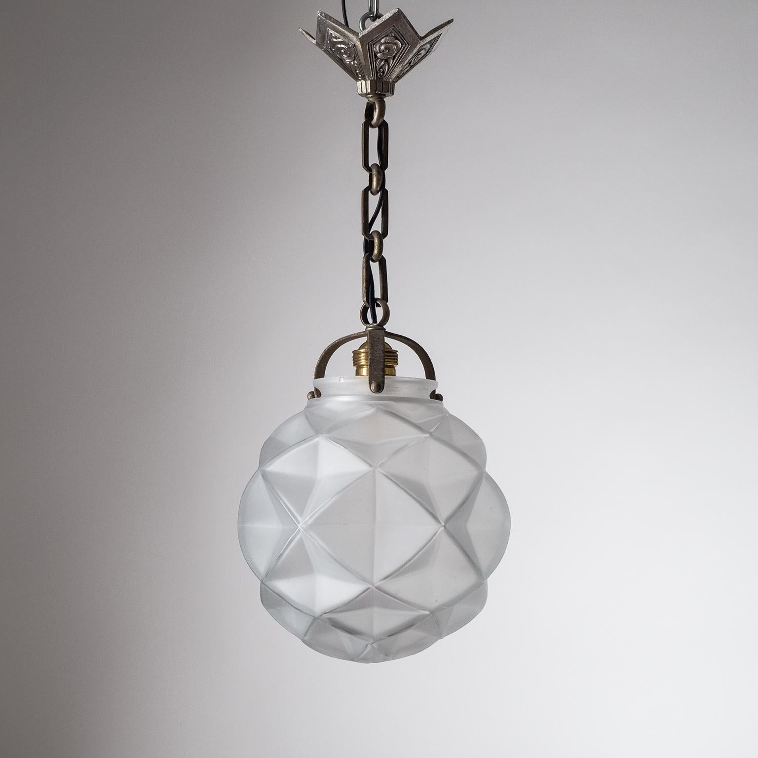 French Art Deco Pendant, 1930s, Satin Glass and Nickel 2