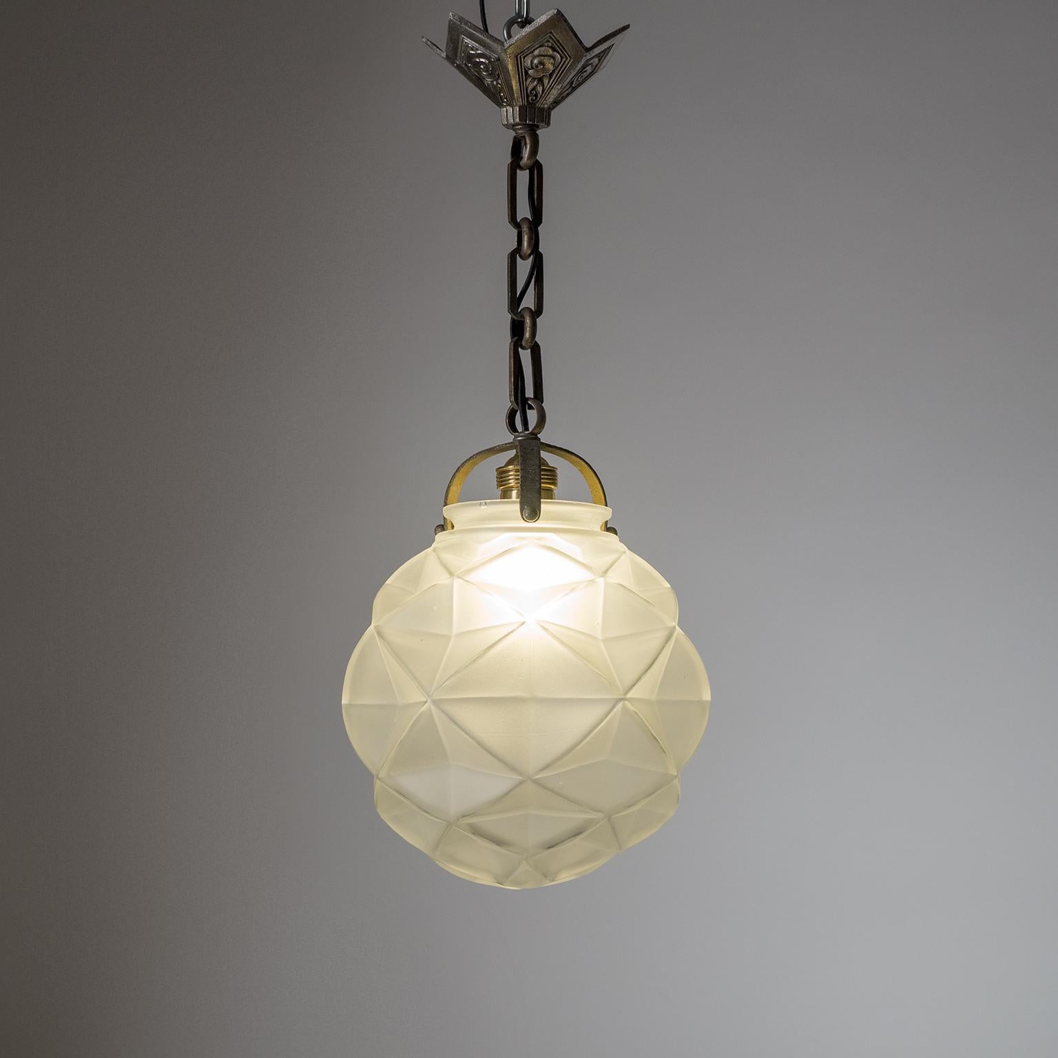 French Art Deco Pendant, 1930s, Satin Glass and Nickel 3