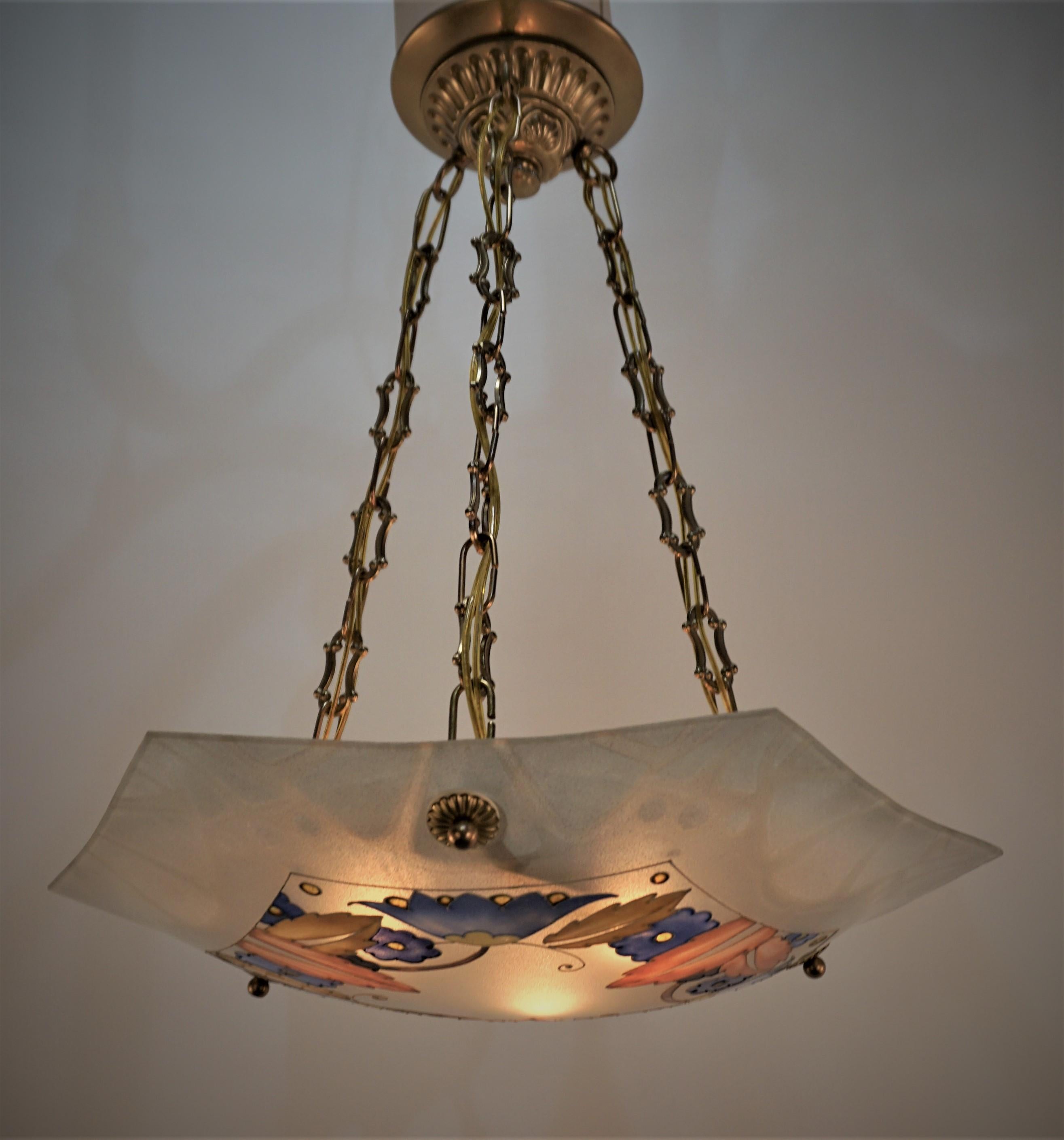 French Art Deco Pendant Chandelier, 1920s Loys Lucha Style For Sale 3