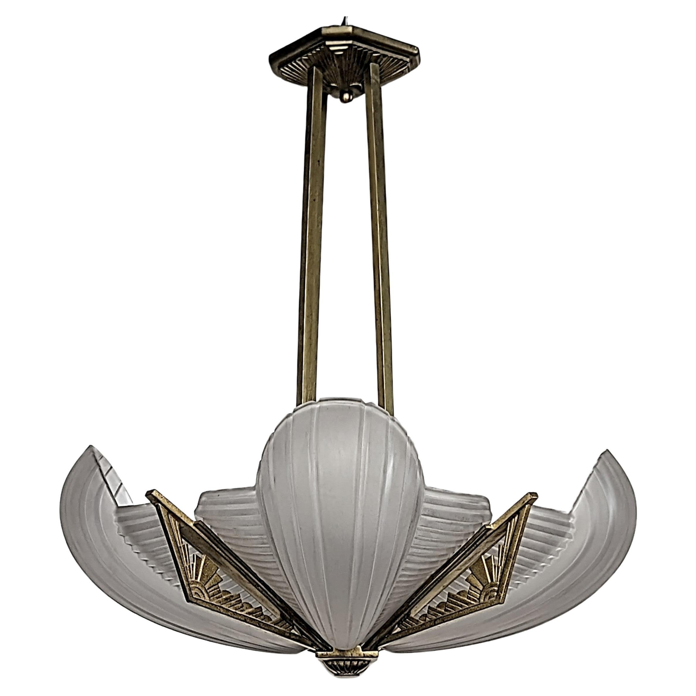 Pressed French Art Deco Pendant Chandelier by Atelier Petitot  For Sale