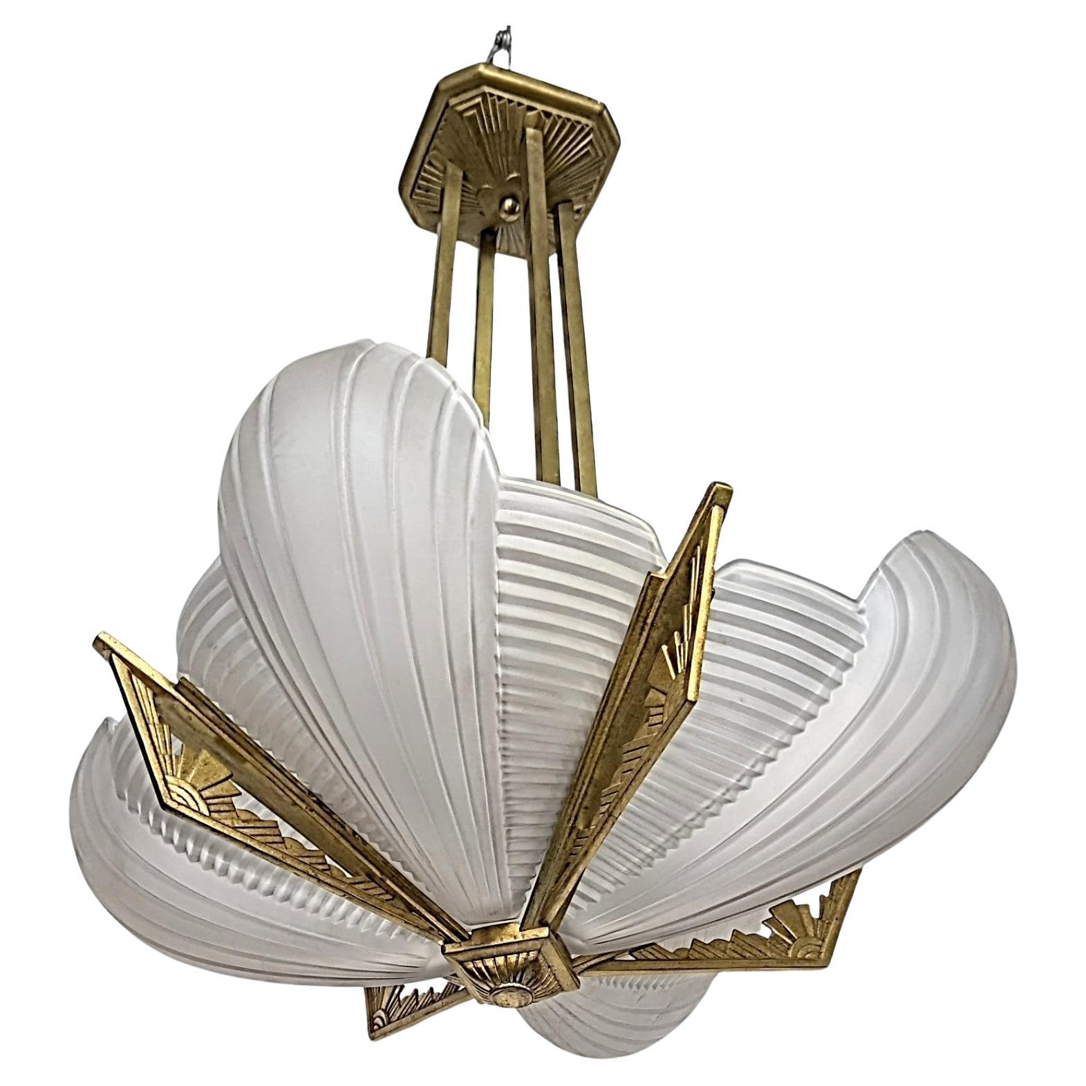 French Art Deco Pendant Chandelier by Atelier Petitot  For Sale