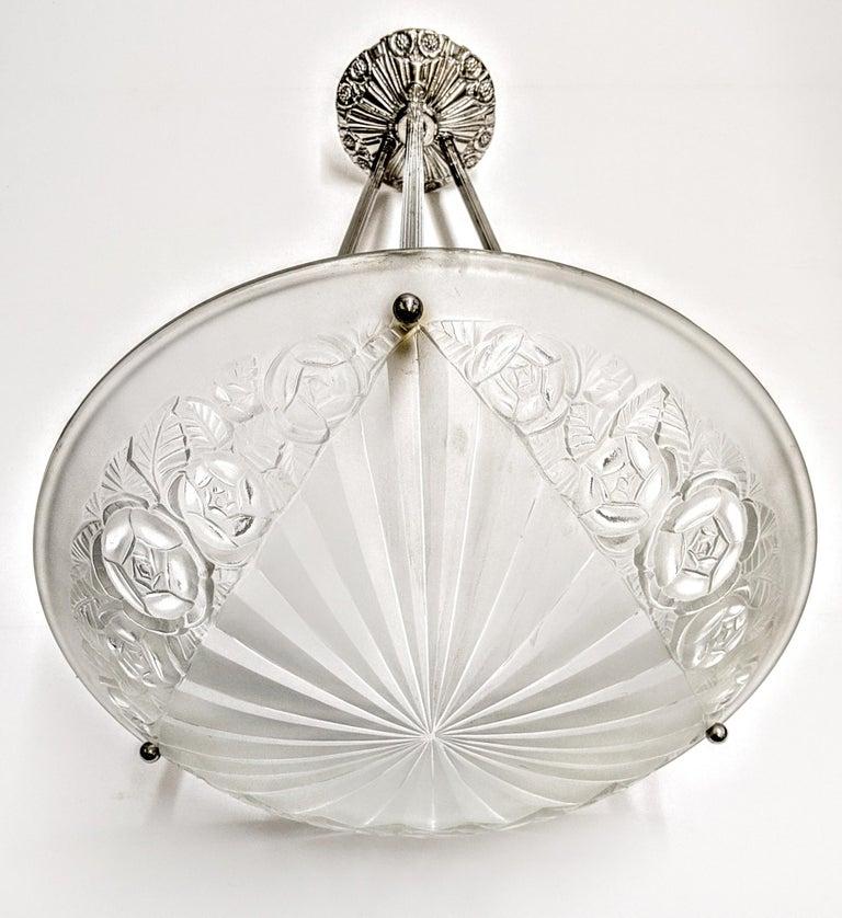 Pressed French Art Deco Pendant Chandelier by Degue For Sale