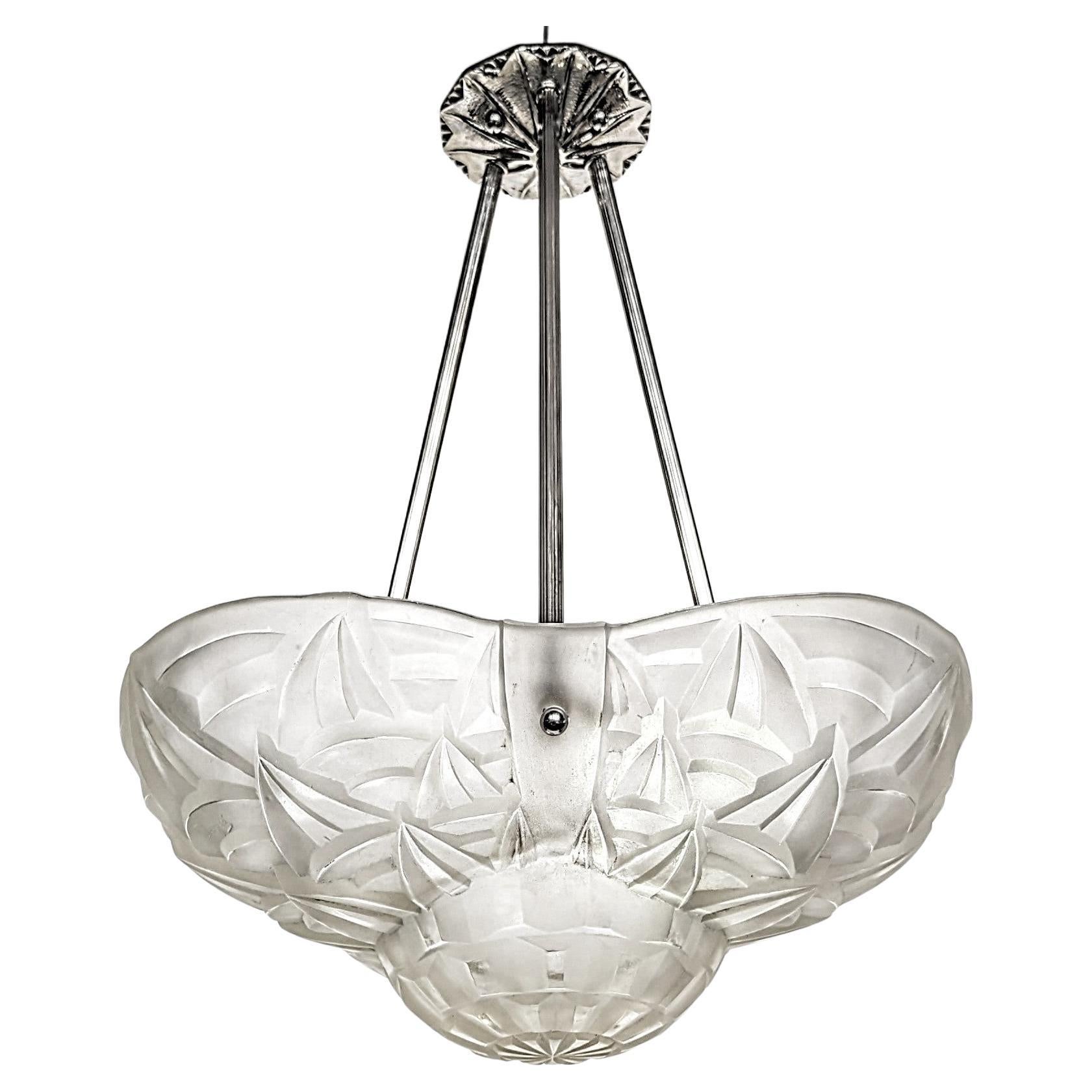 French Art Deco Pendant Chandelier Signed by Degue For Sale