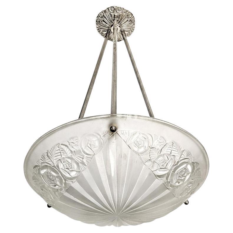 French Art Deco Pendant Chandelier by Degue For Sale