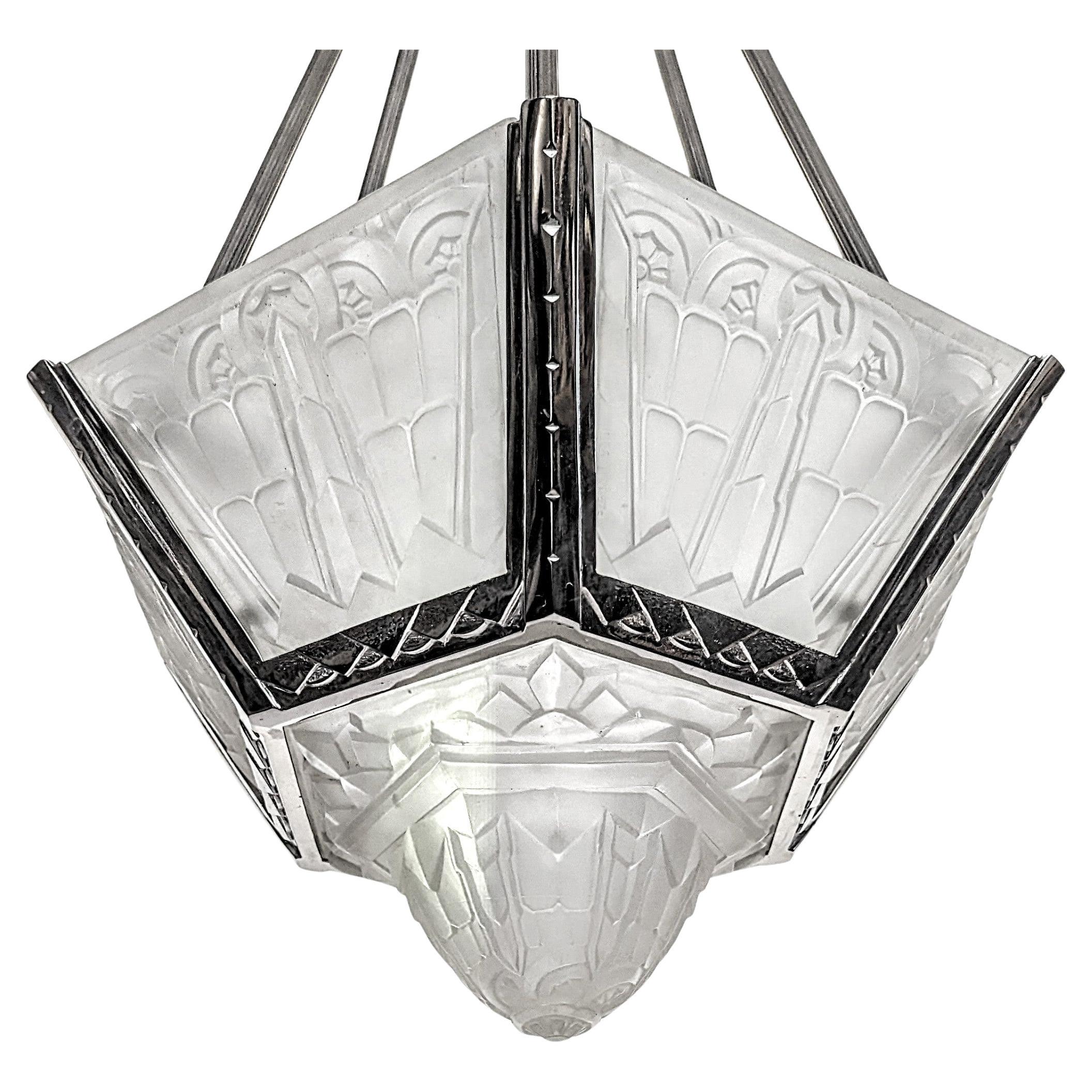 20th Century French Art Deco Pendant Chandelier Signed by Hanots For Sale
