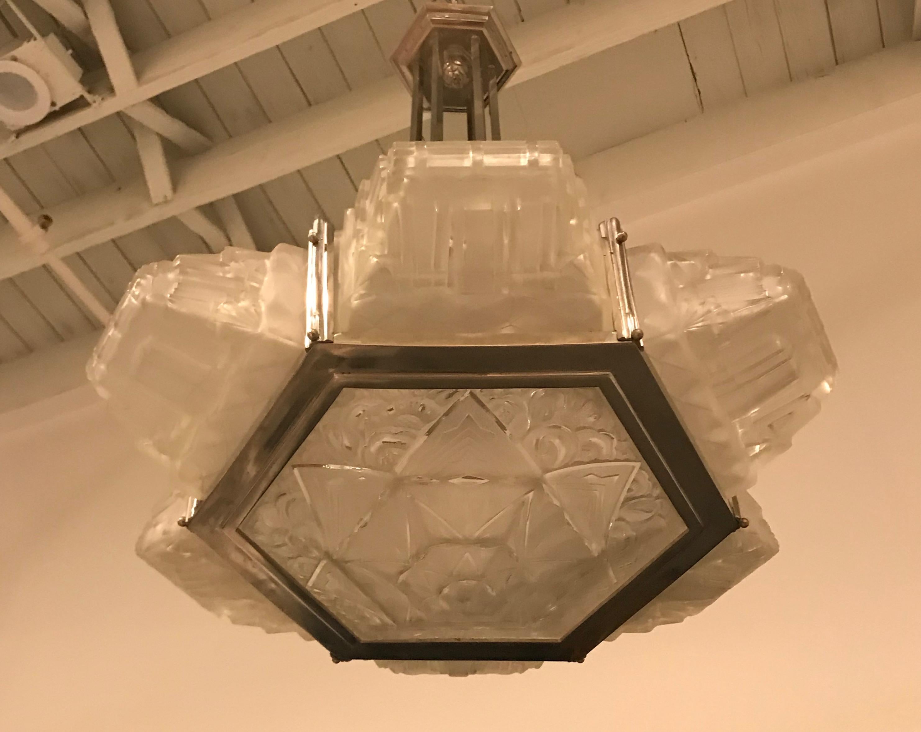 20th Century French Art Deco Pendant Chandelier by Hanots For Sale