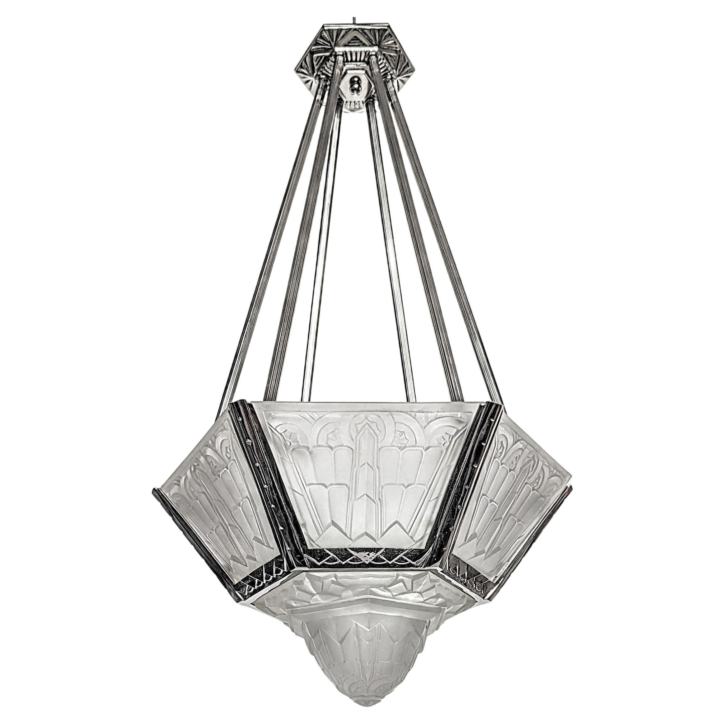 French Art Deco Pendant Chandelier Signed by Hanots For Sale