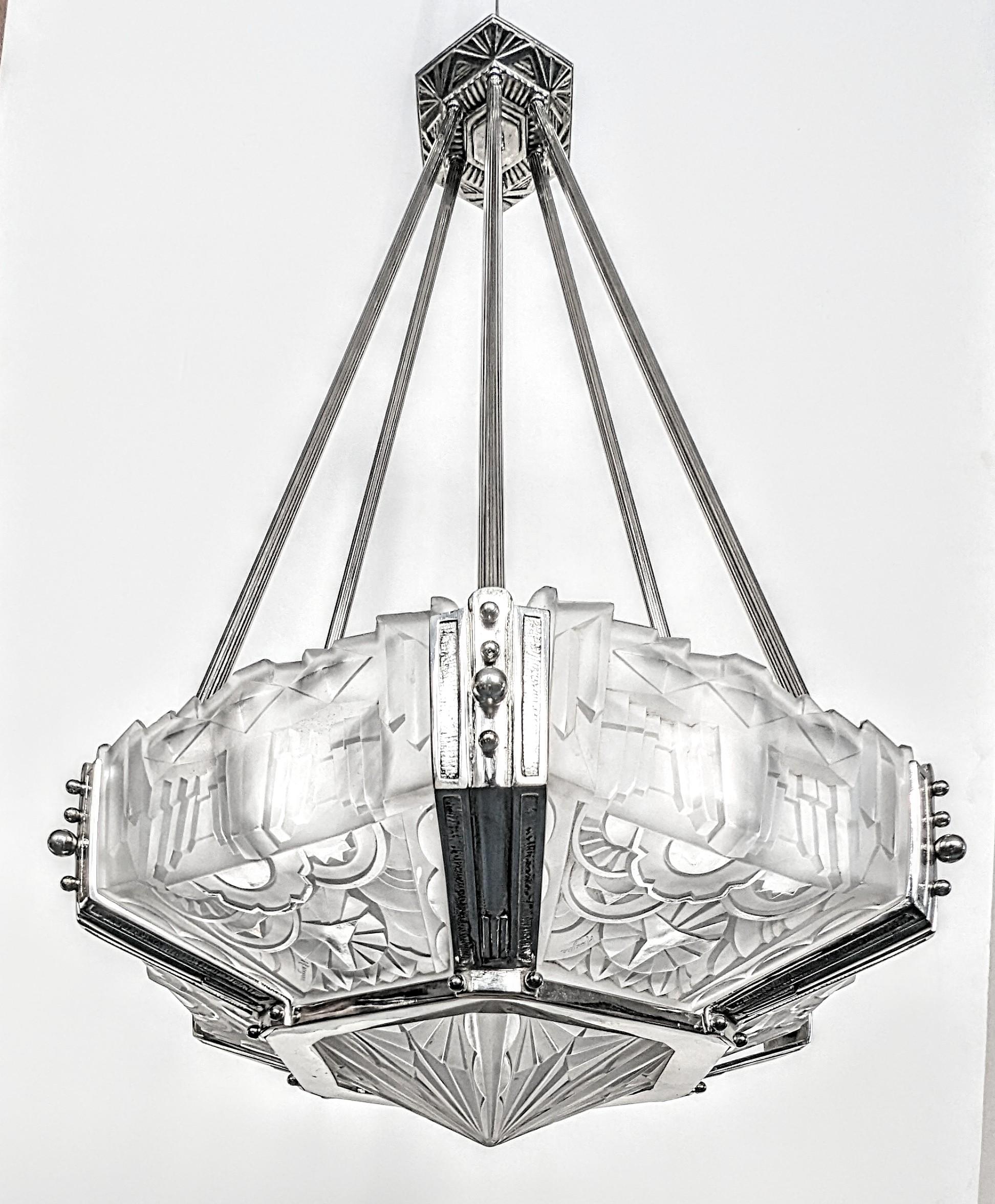 Cast French Art Deco Pendant Chandelier by Hugue For Sale
