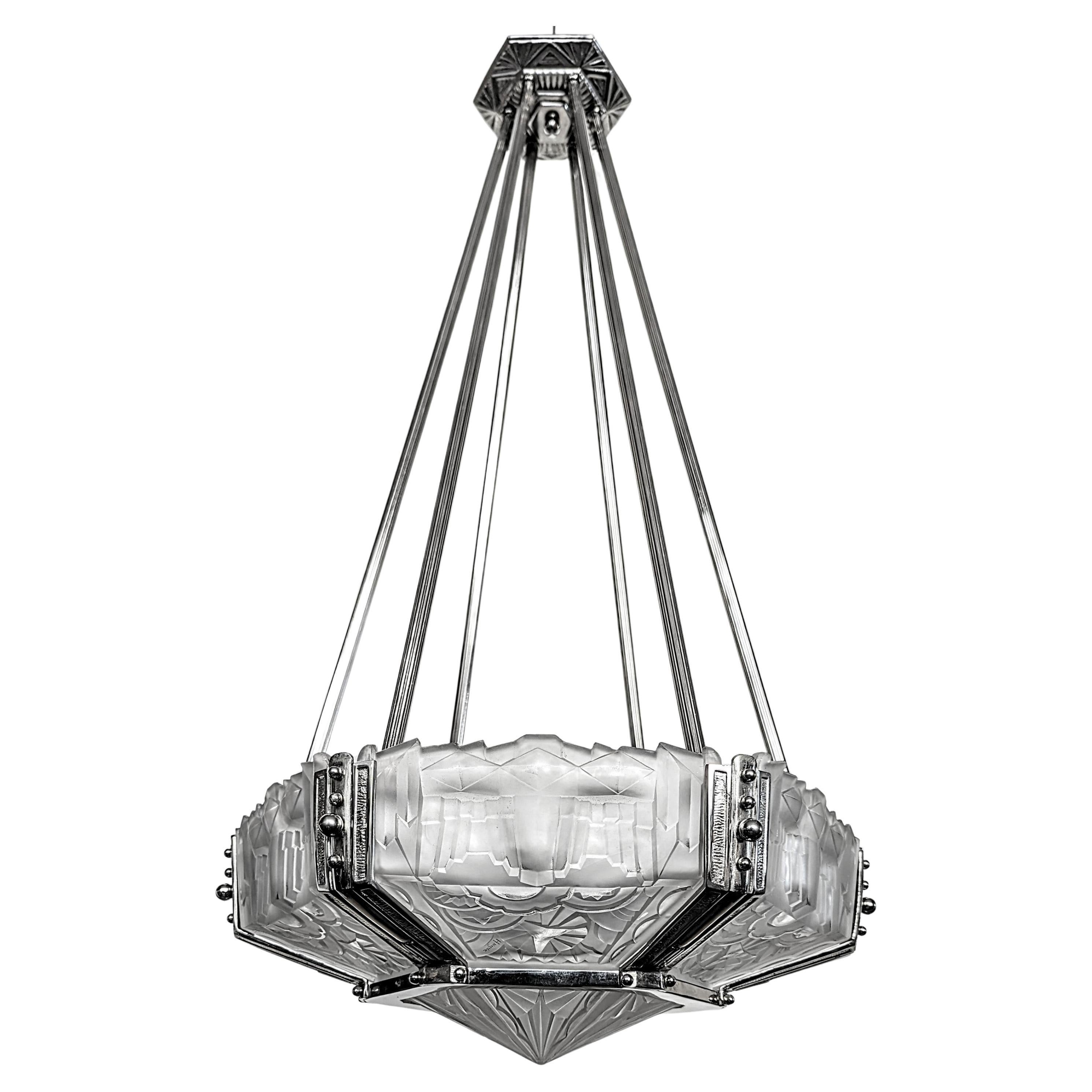 French Art Deco Pendant Chandelier by Hugue For Sale