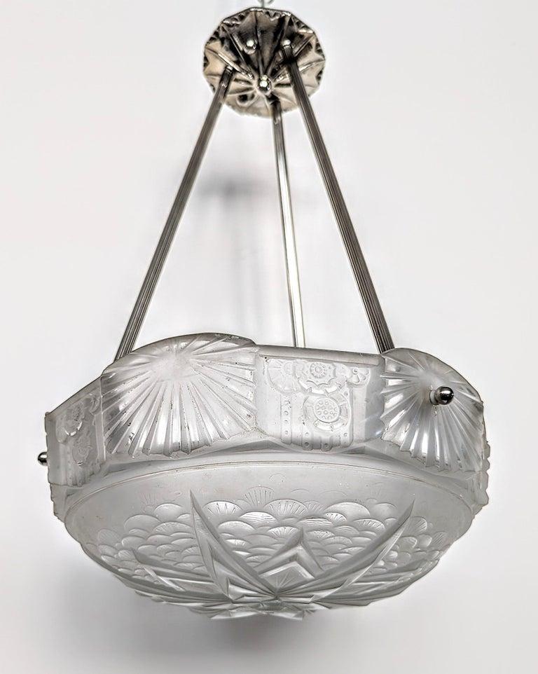 20th Century French Art Deco Pendant Chandelier by Muller Freres ( Pair Available ) For Sale