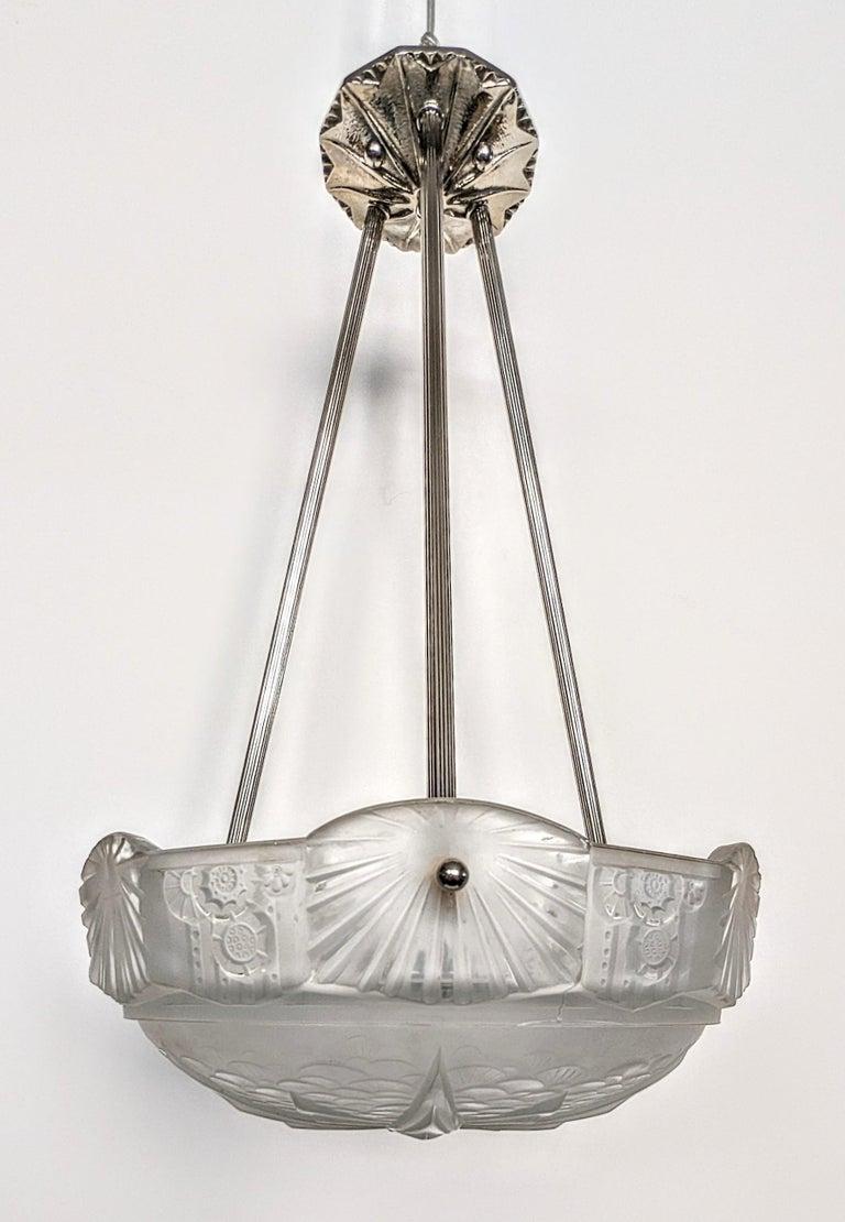 Bronze French Art Deco Pendant Chandelier by Muller Freres ( Pair Available ) For Sale