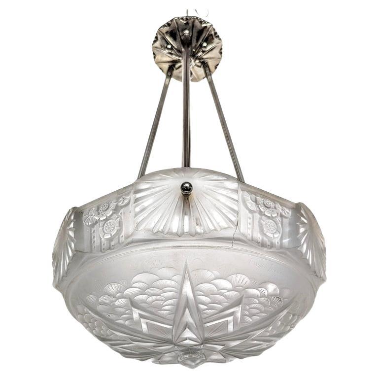 French Art Deco Pendant Chandelier by Muller Freres ( Pair Available ) For Sale