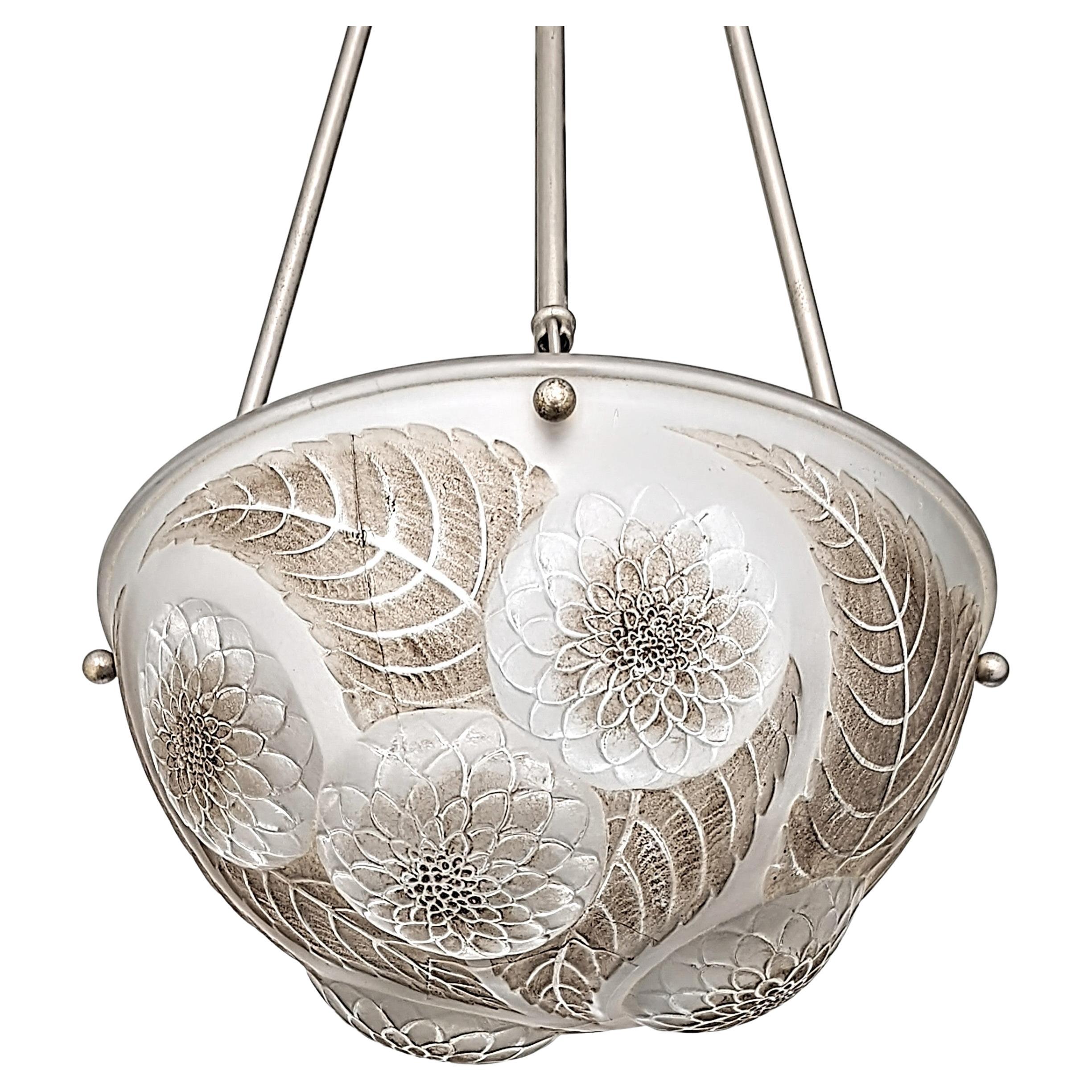 French Art Deco Pendant Chandelier by René Lalique Model Dahlias (pair avaiable) In Good Condition For Sale In Long Island City, NY