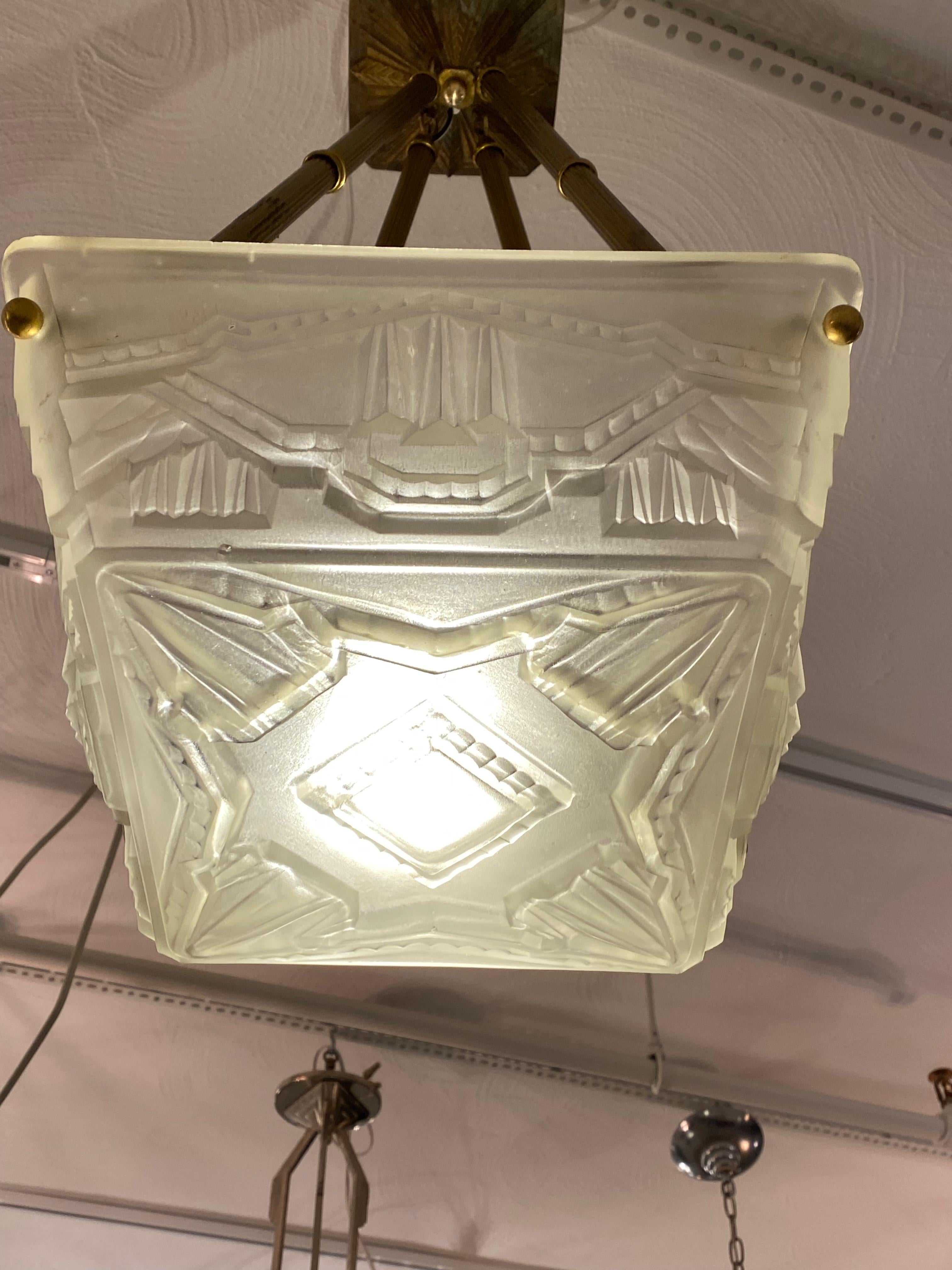 Glass French Art Deco Pendant Chandelier by Sabino For Sale