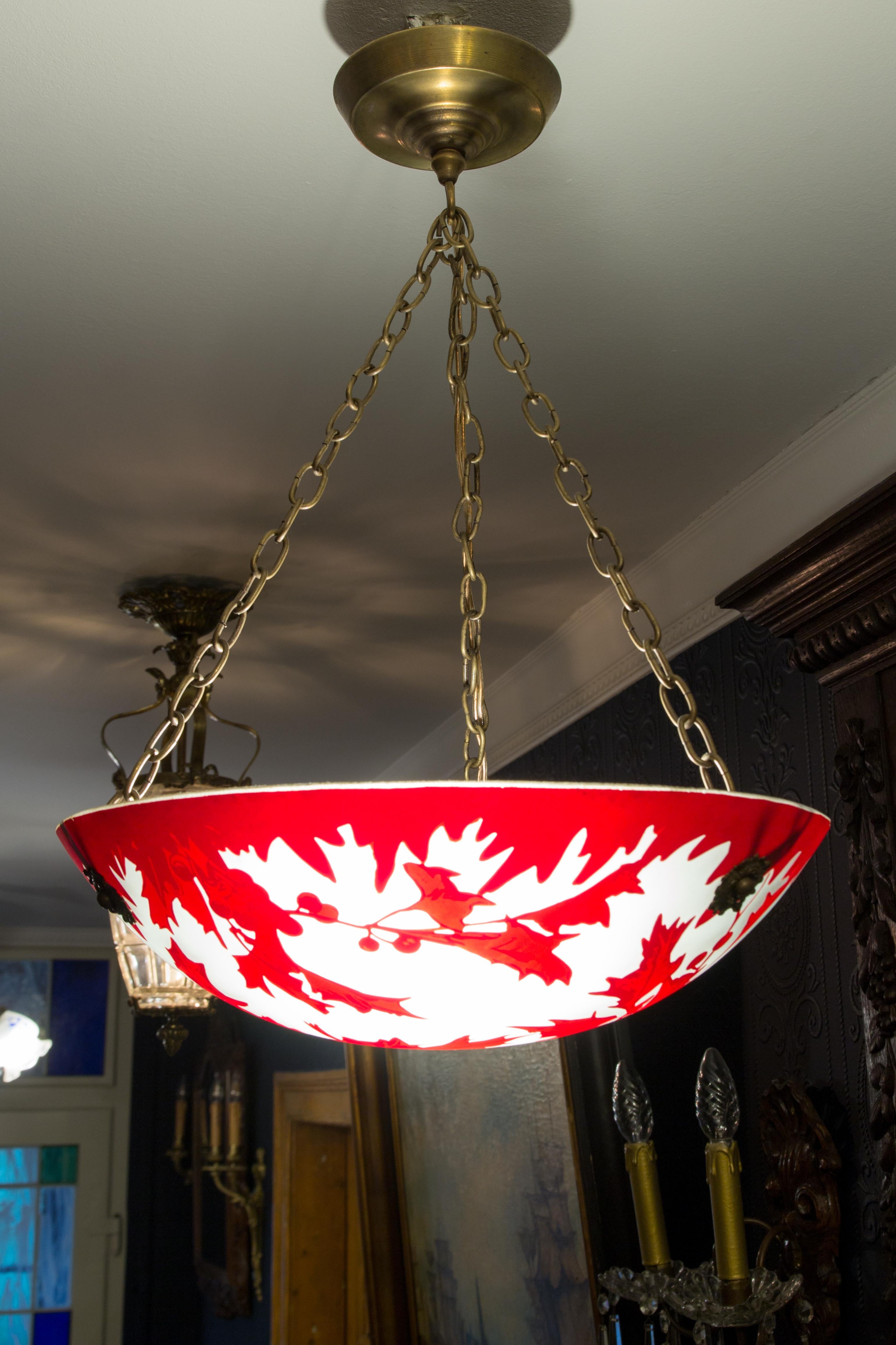 French Art Deco Red and White Pendant Chandelier Signed Degue 1
