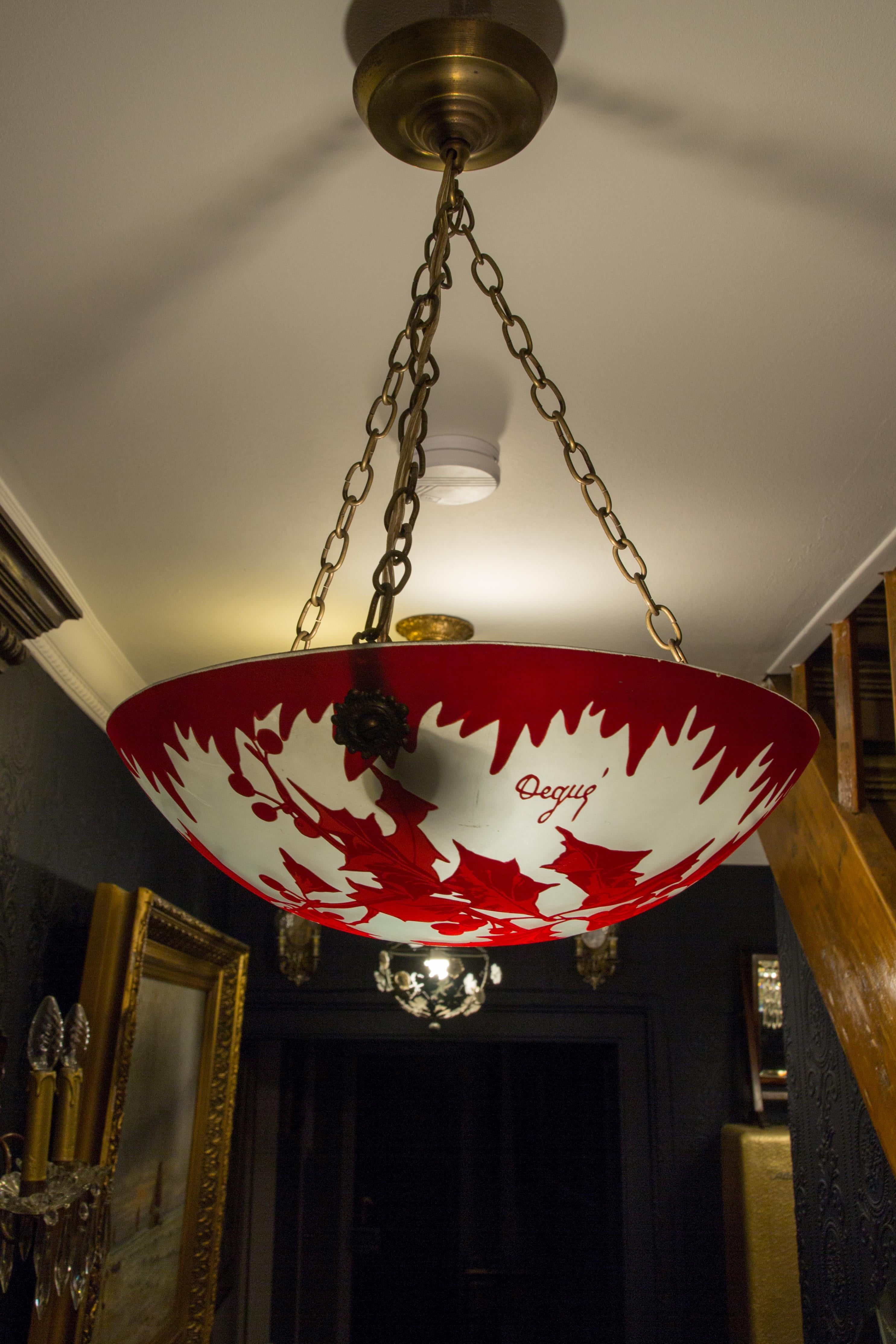 French Art Deco Red and White Pendant Chandelier Signed Degue 3