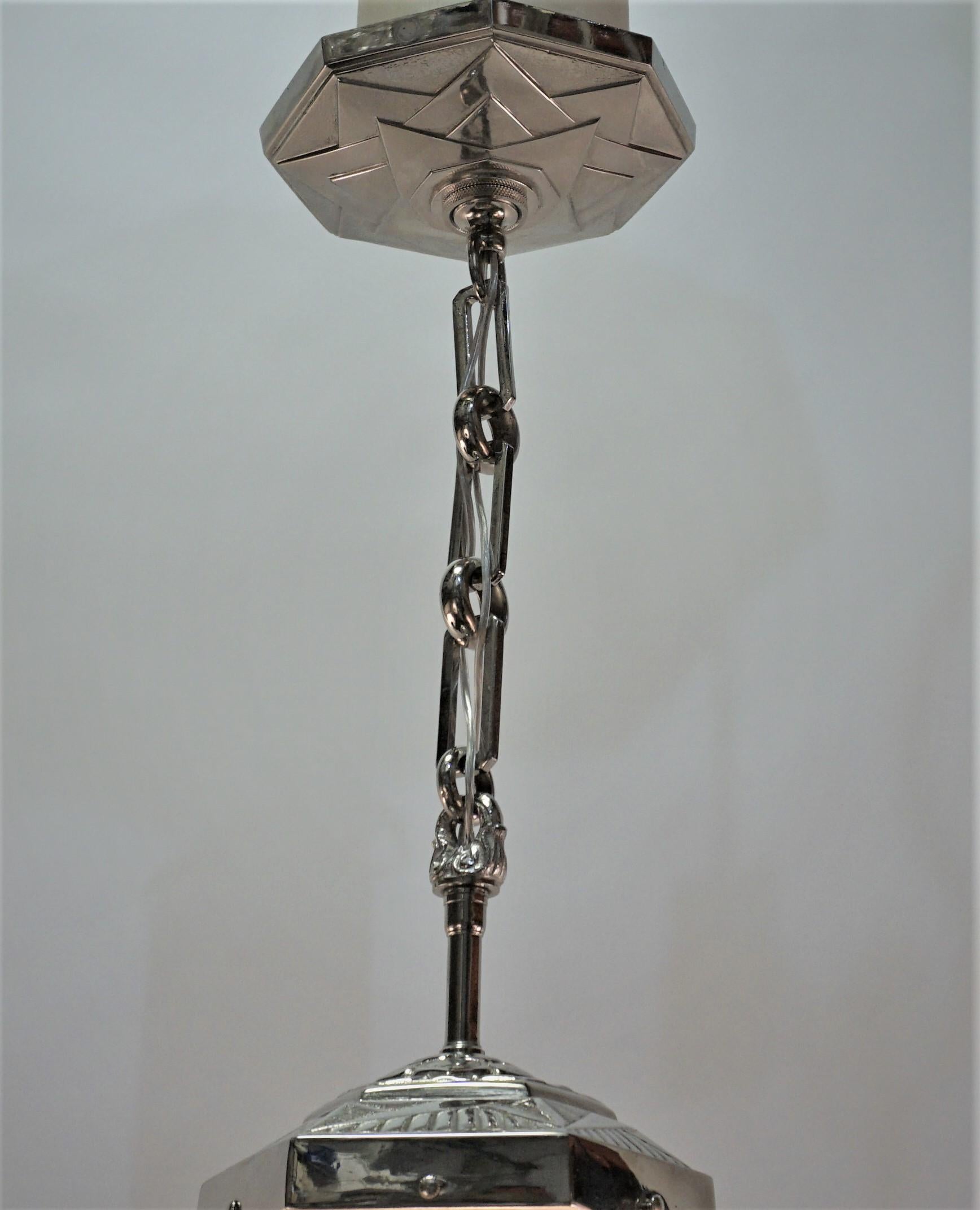Clear Frost glass geometric design nickel on bronze fitting Art Deco pendant chandelier.