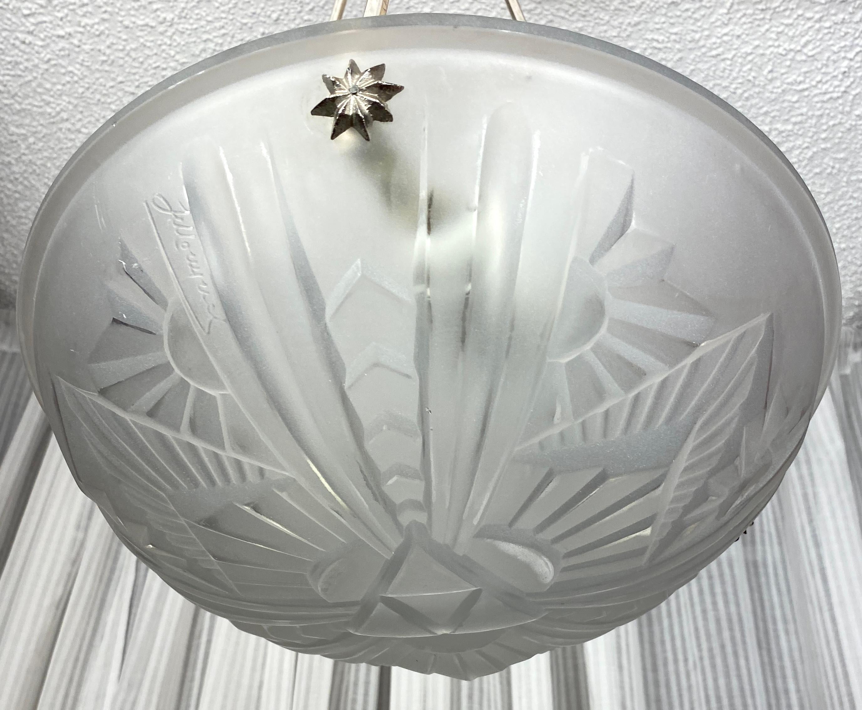 Polished French Art Deco Pendant Chandelier in the manner of Degue For Sale