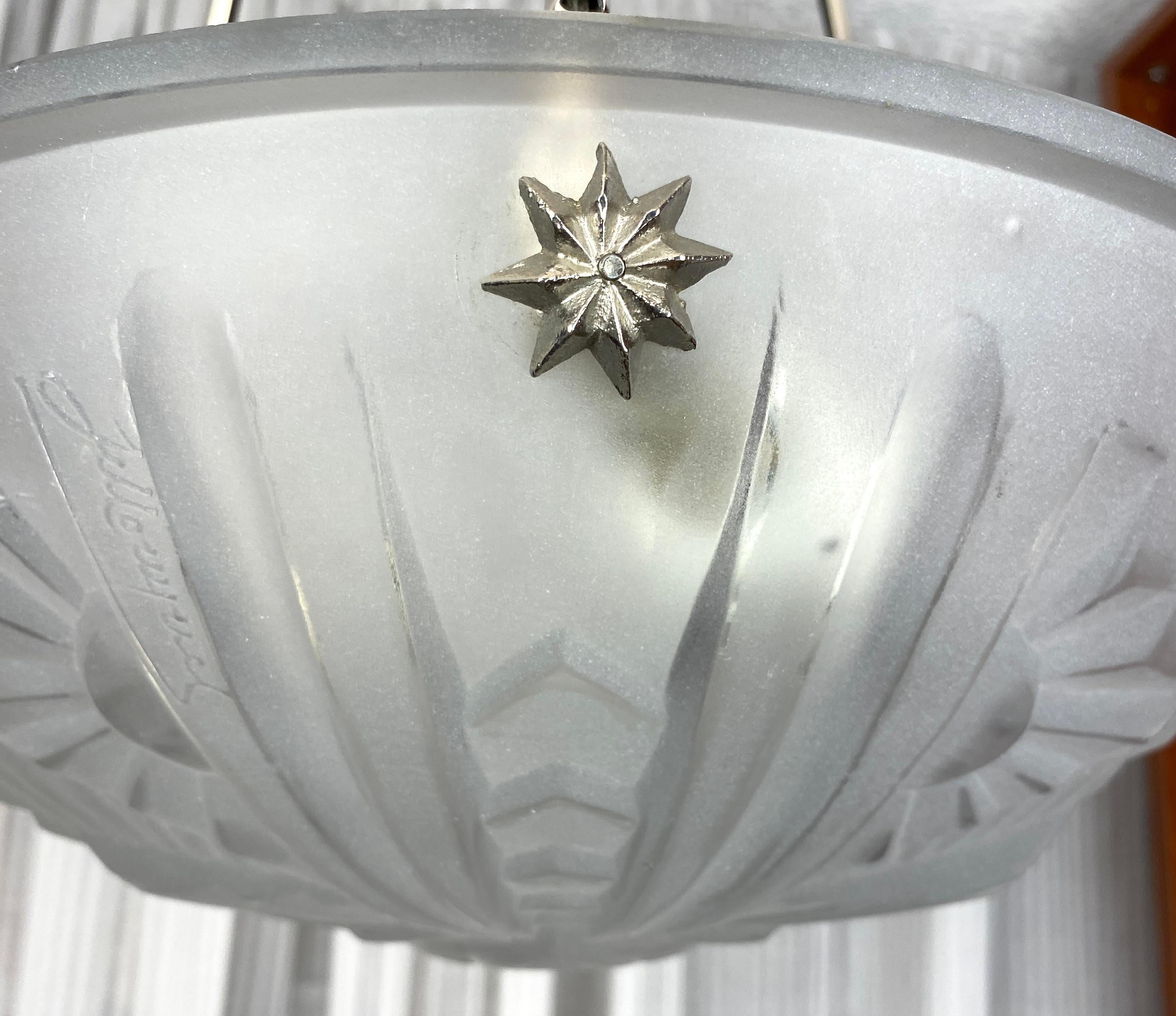 Bronze French Art Deco Pendant Chandelier in the manner of Degue For Sale