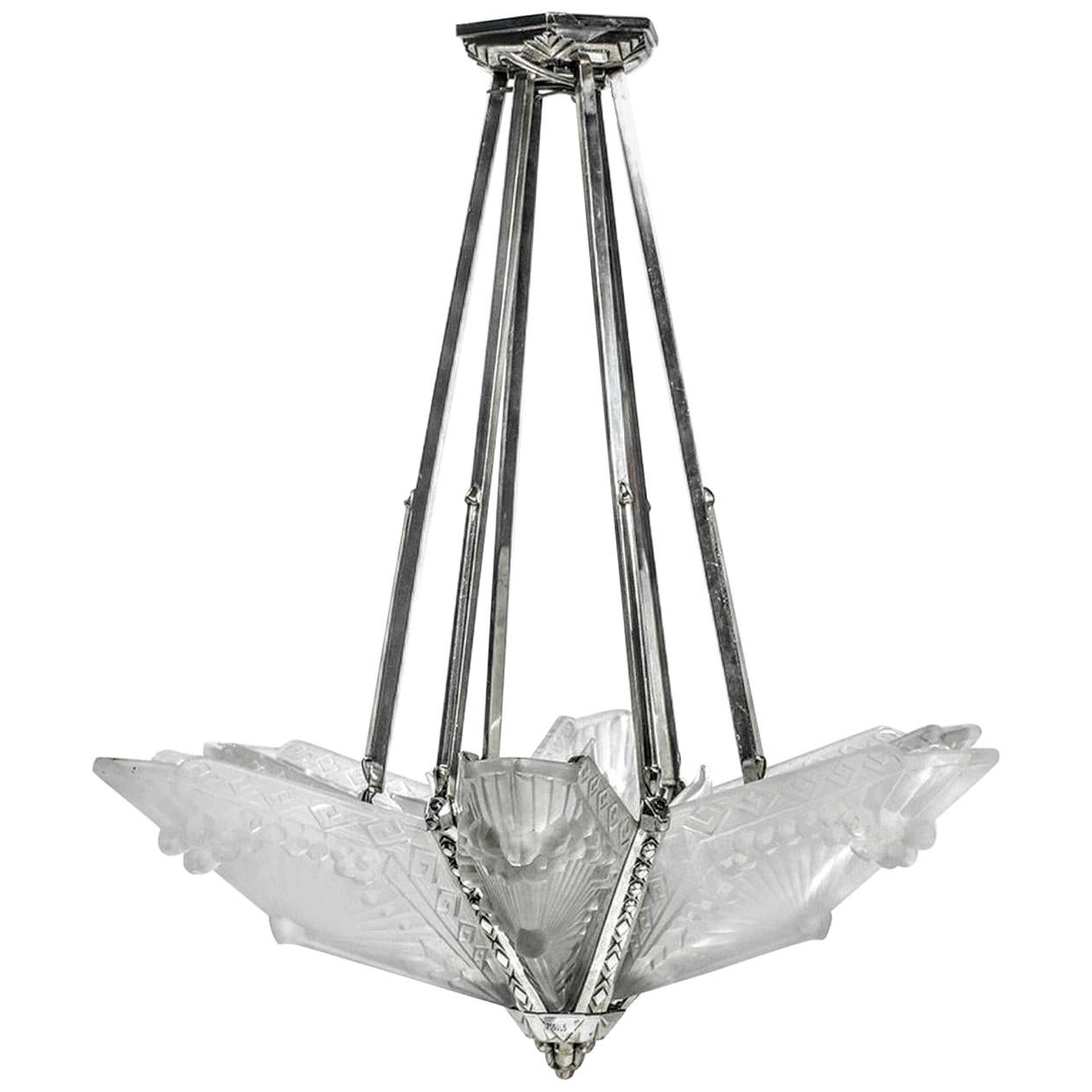 French Art Deco Pendant Chandelier Signed by Charles Schneider