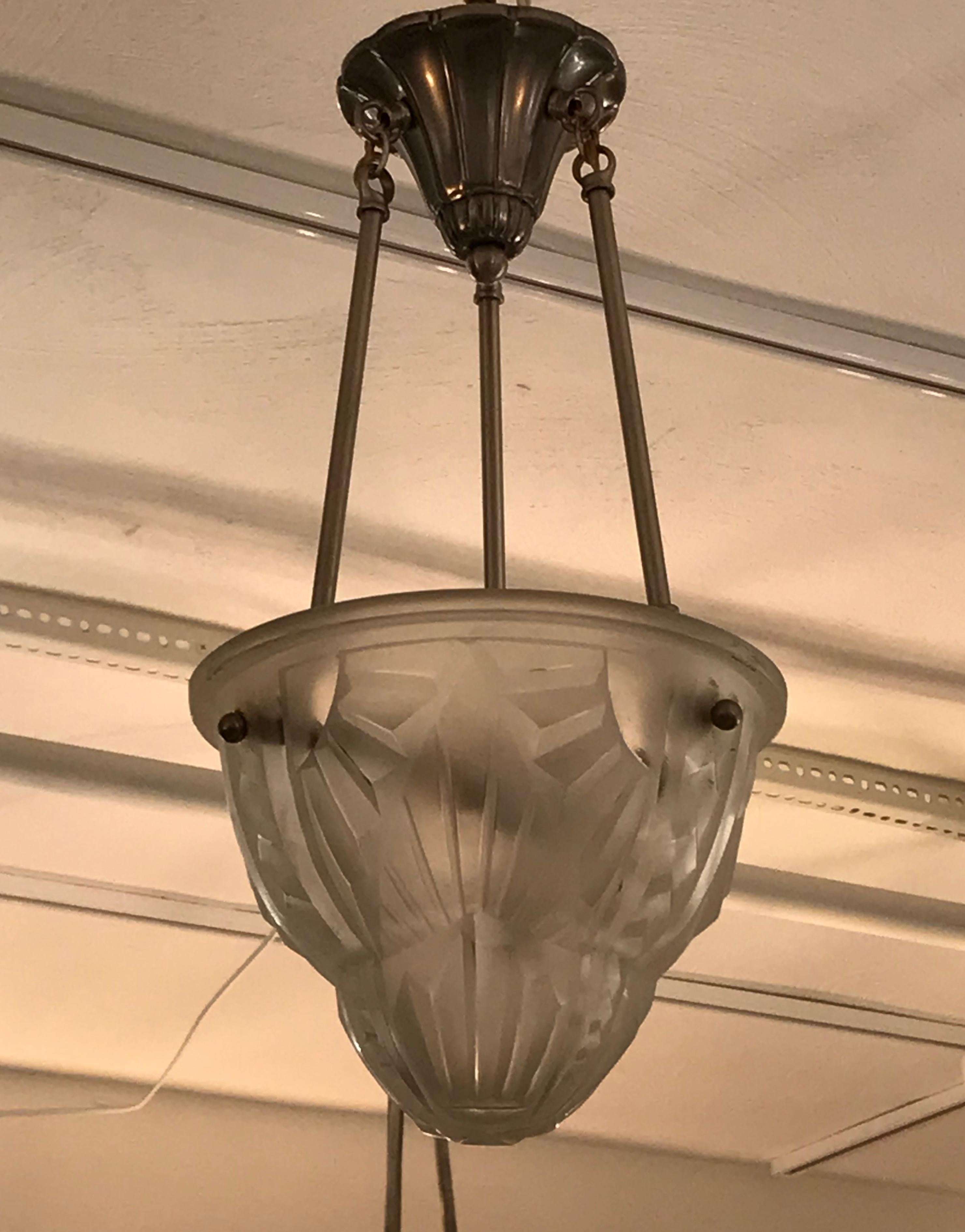 French Art Deco Pendant Chandelier Signed by Degue In Excellent Condition For Sale In North Bergen, NJ