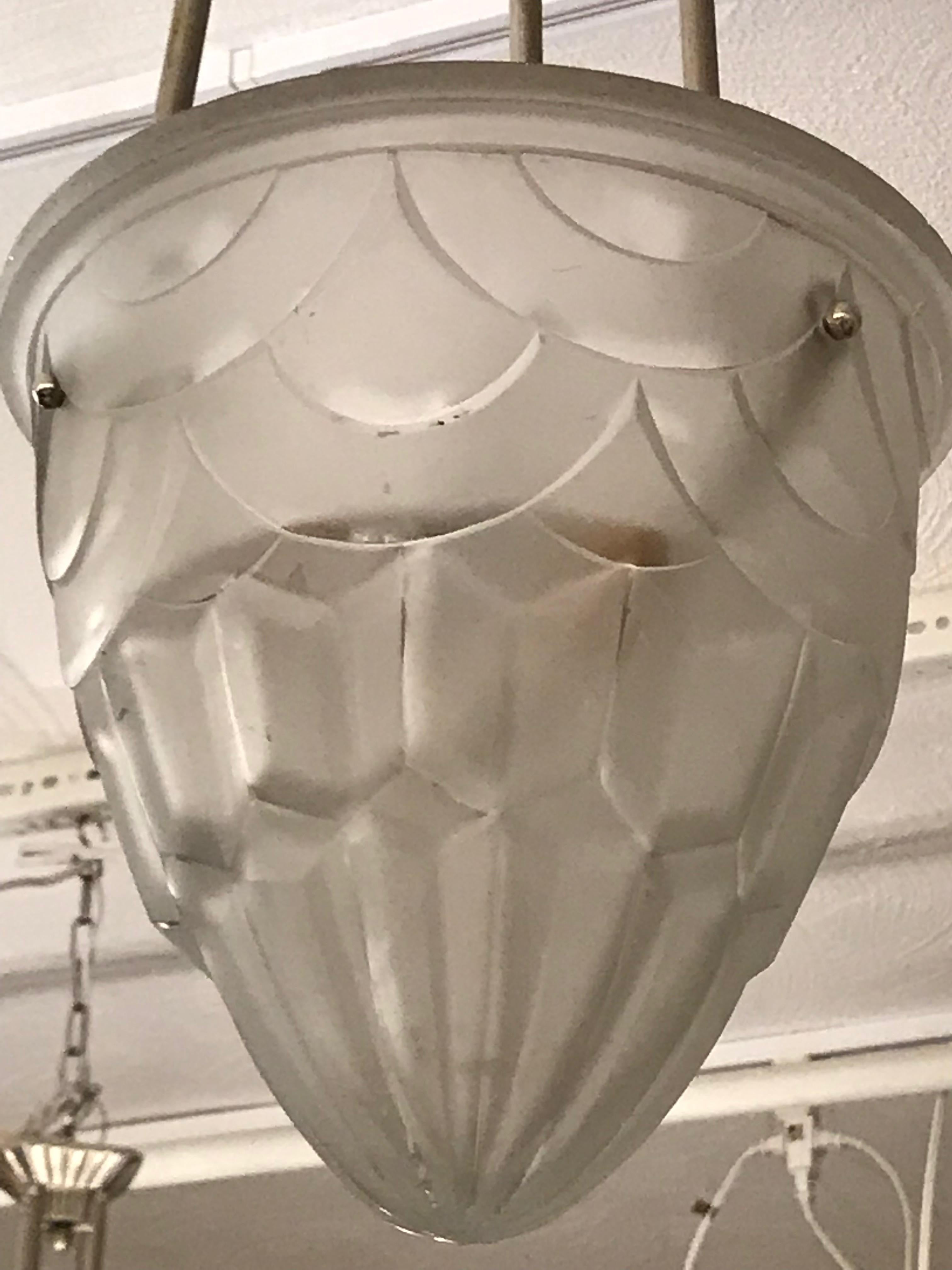 French Art Deco Pendant Chandelier Signed by Degue In Excellent Condition In North Bergen, NJ