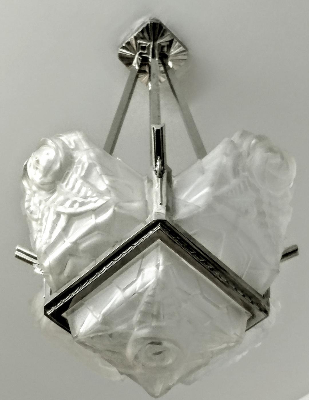 Pressed French Art Deco Pendant Chandelier Signed by Degue For Sale