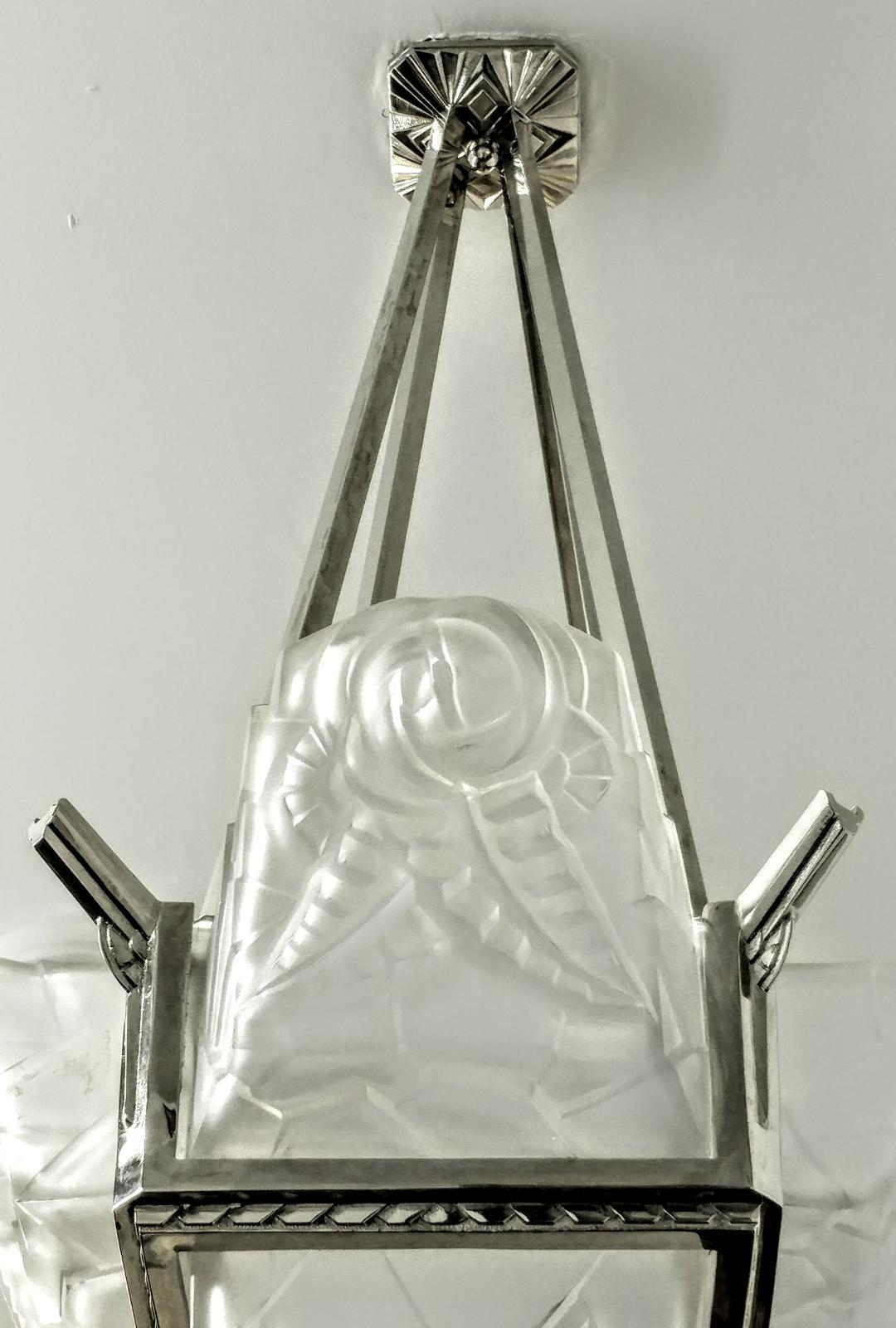 Bronze French Art Deco Pendant Chandelier Signed by Degue For Sale