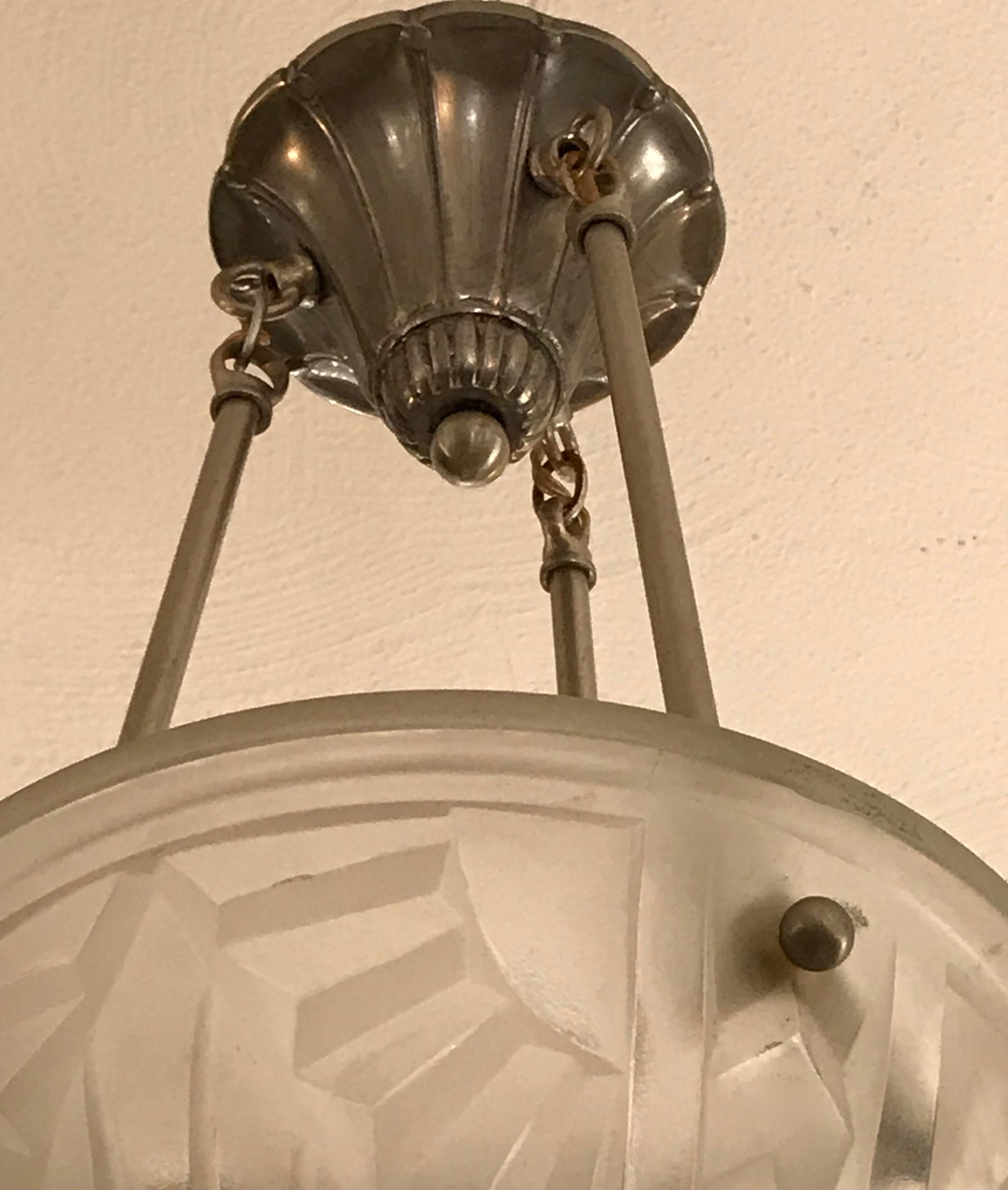 French Art Deco Pendant Chandelier Signed by Degue For Sale 1