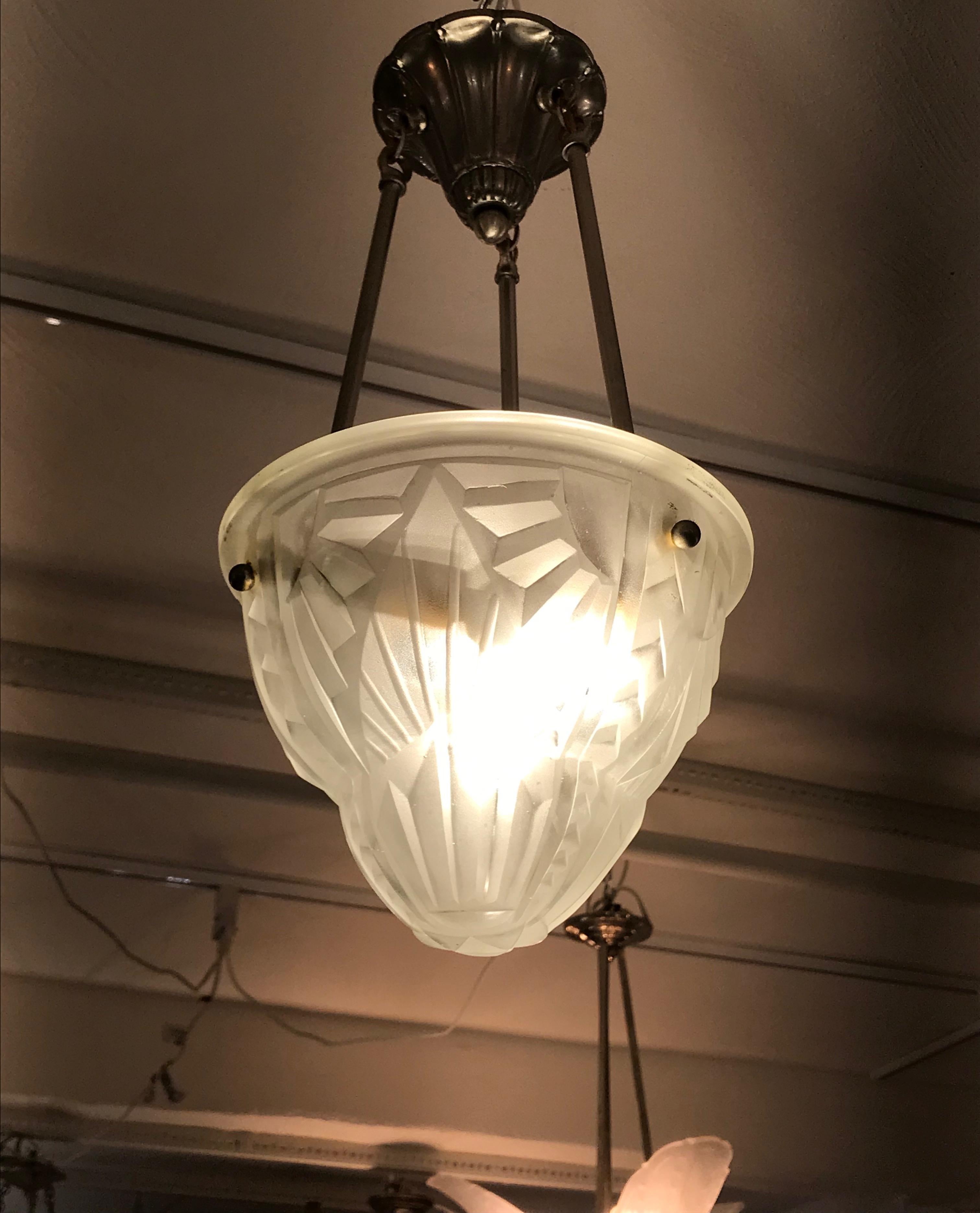 French Art Deco Pendant Chandelier Signed by Degue For Sale 2