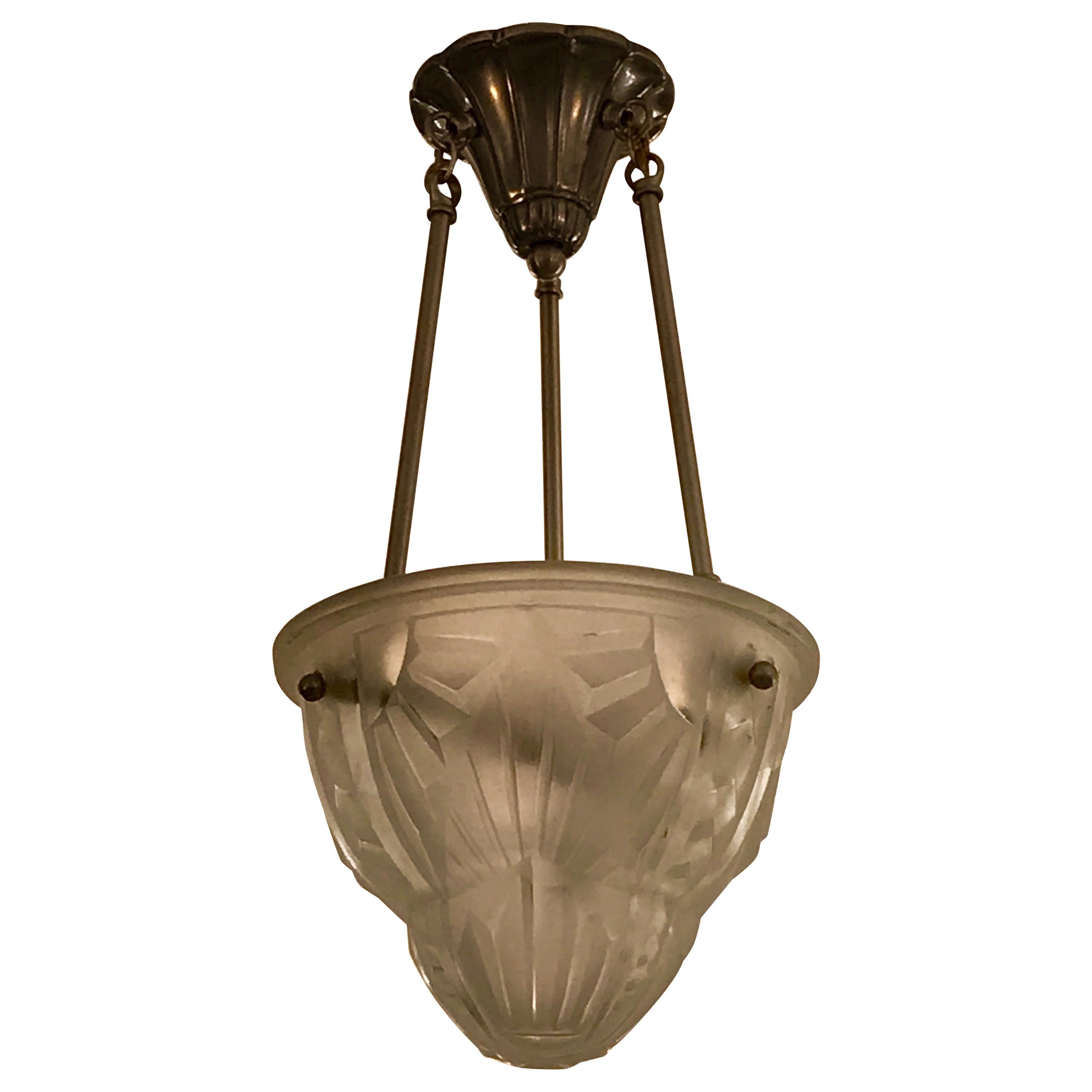 French Art Deco Pendant Chandelier Signed by Degue For Sale