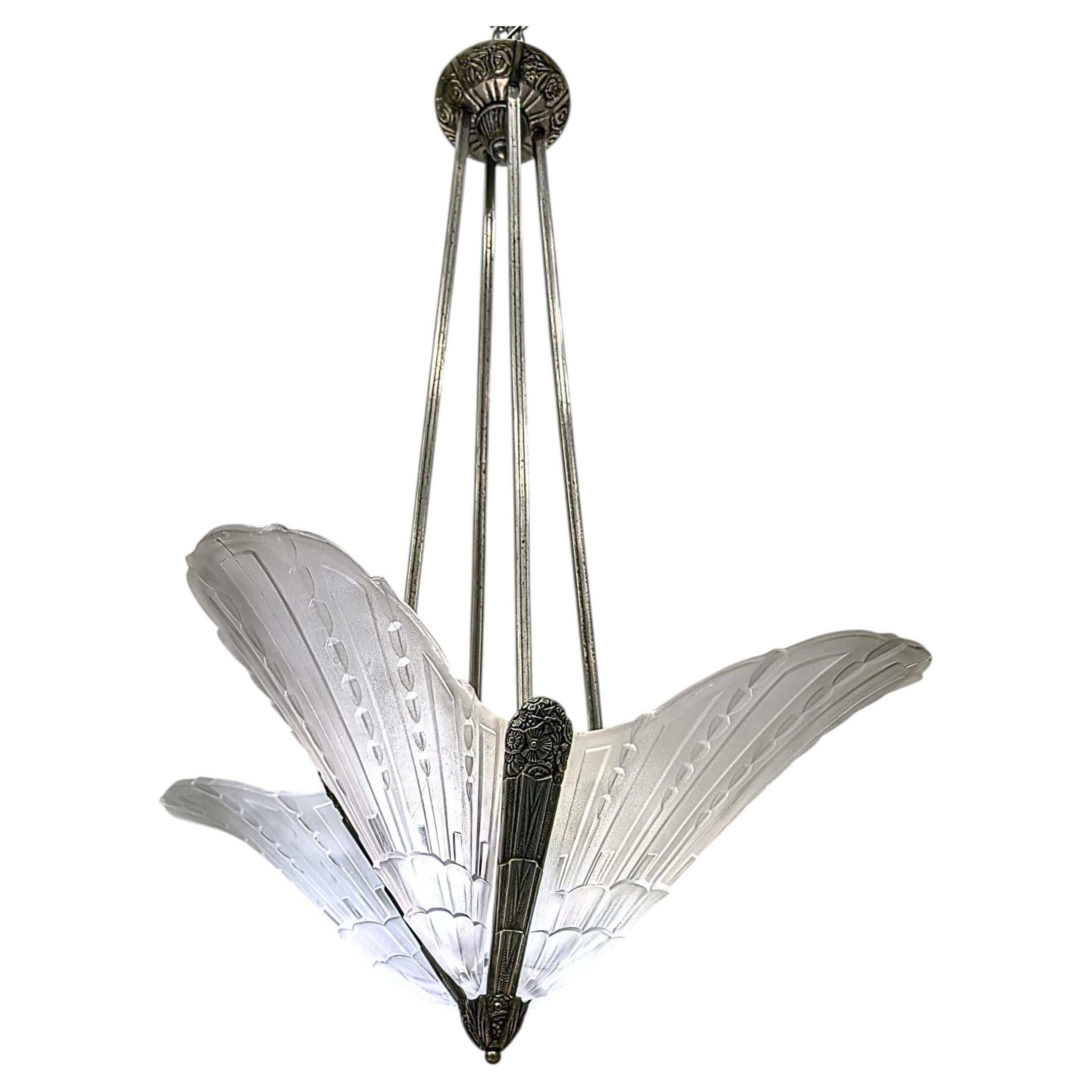 French Art Deco Pendant Chandelier Signed by E J G