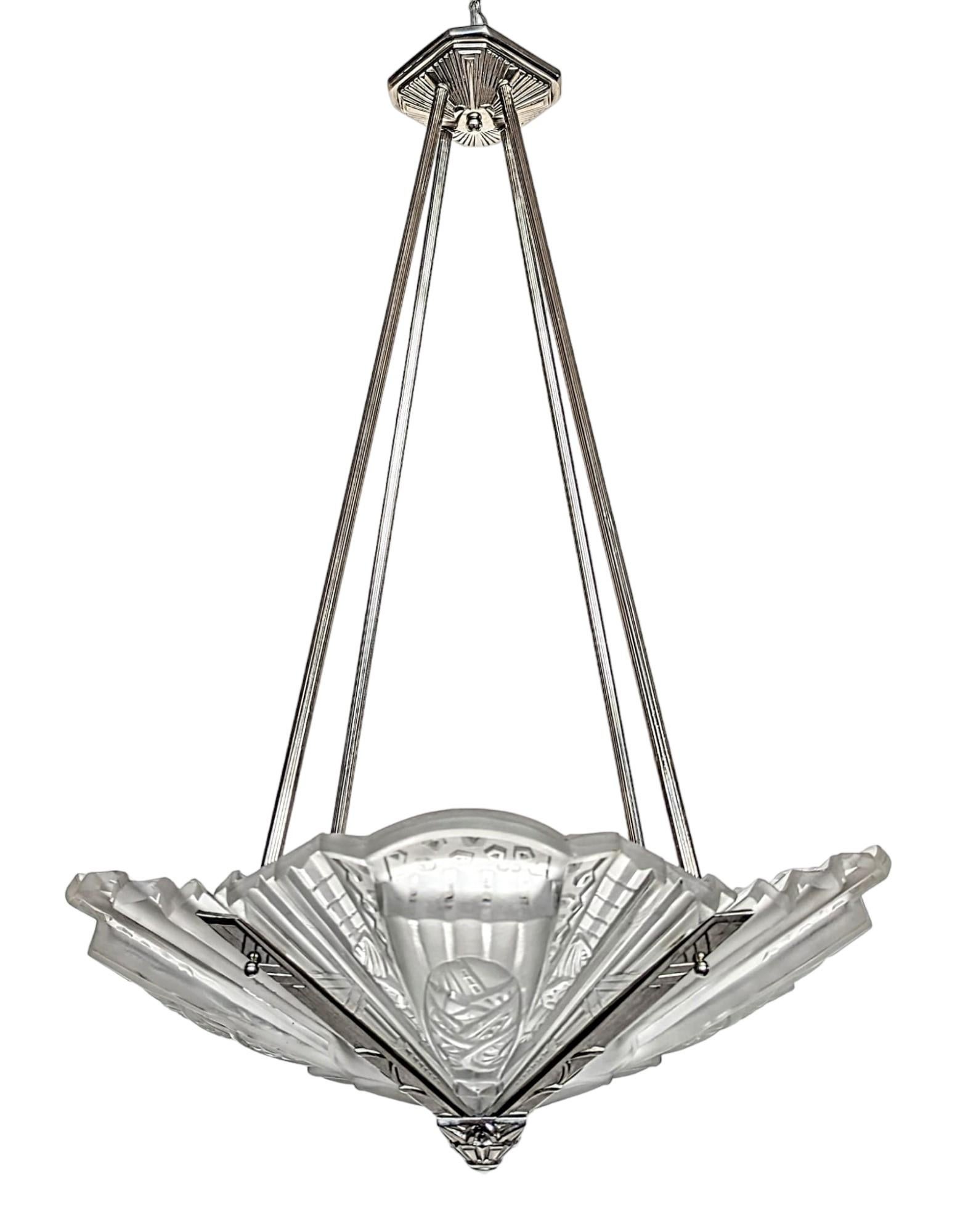 Pressed French Art Deco Pendant Chandelier Signed by Frontisi For Sale