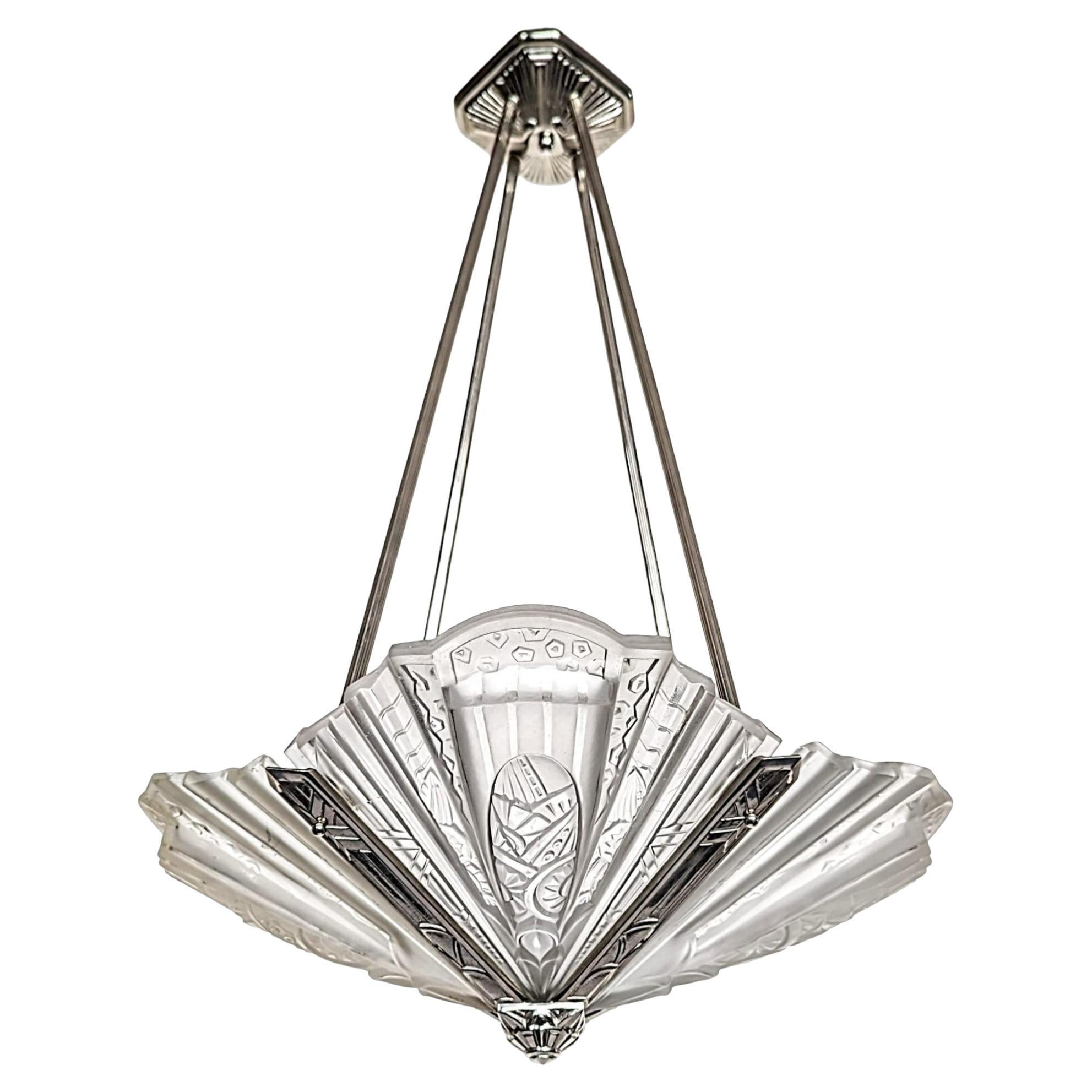 French Art Deco Pendant Chandelier Signed by Frontisi For Sale