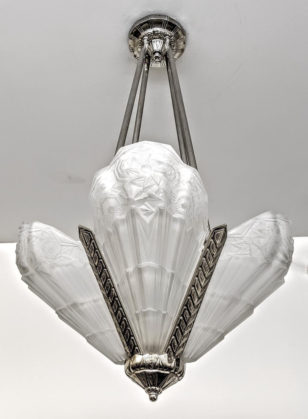 Cast French Art Deco Pendant Chandelier Signed by J. Robert For Sale
